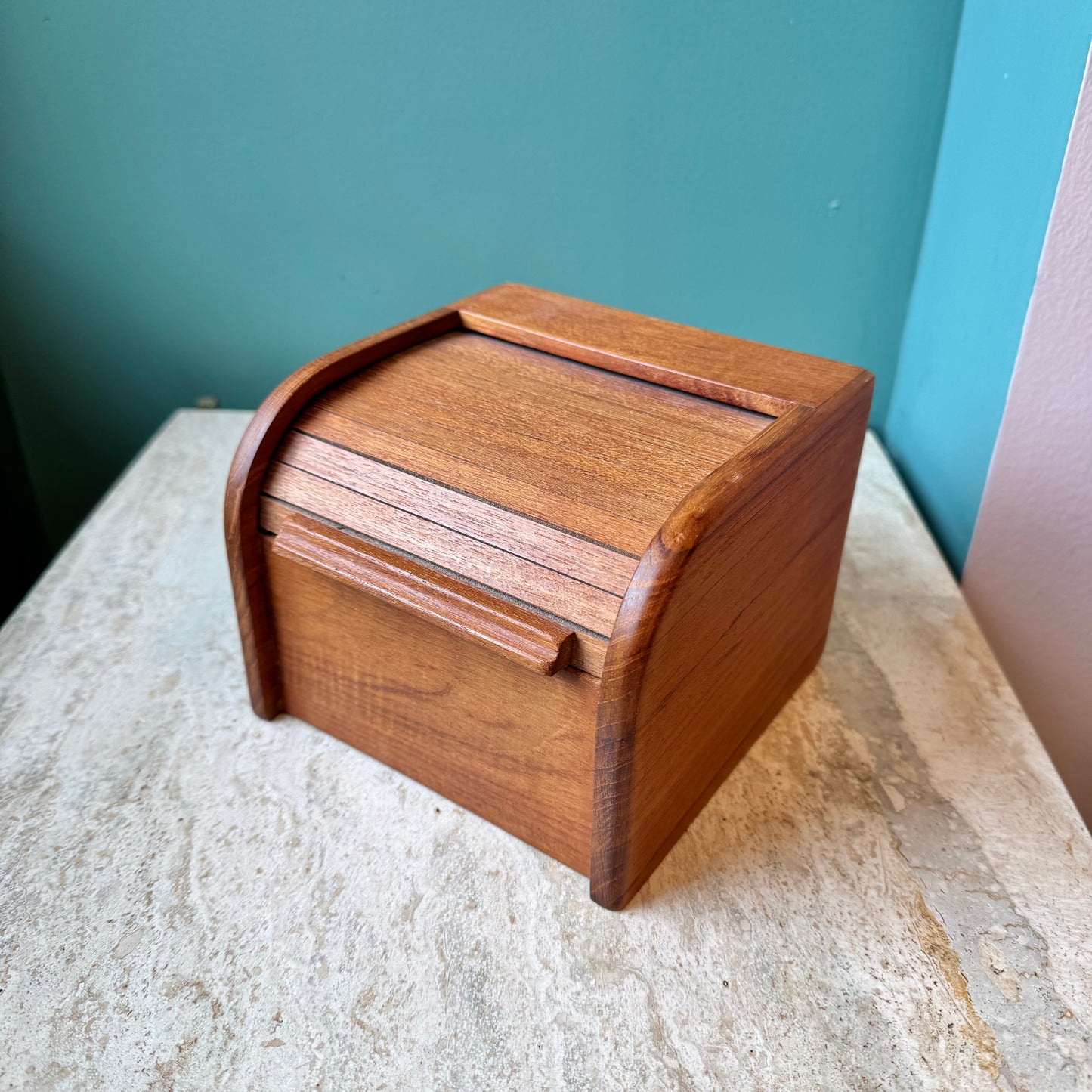 Vintage Teak Roll Top Desk Organizer