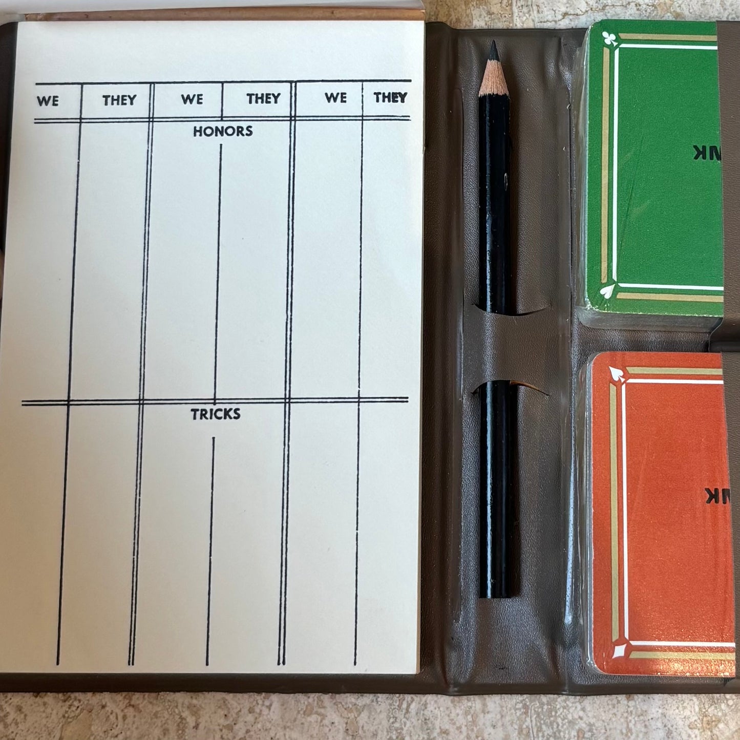 Vintage Set of Bridge Cards and Pad in Holder