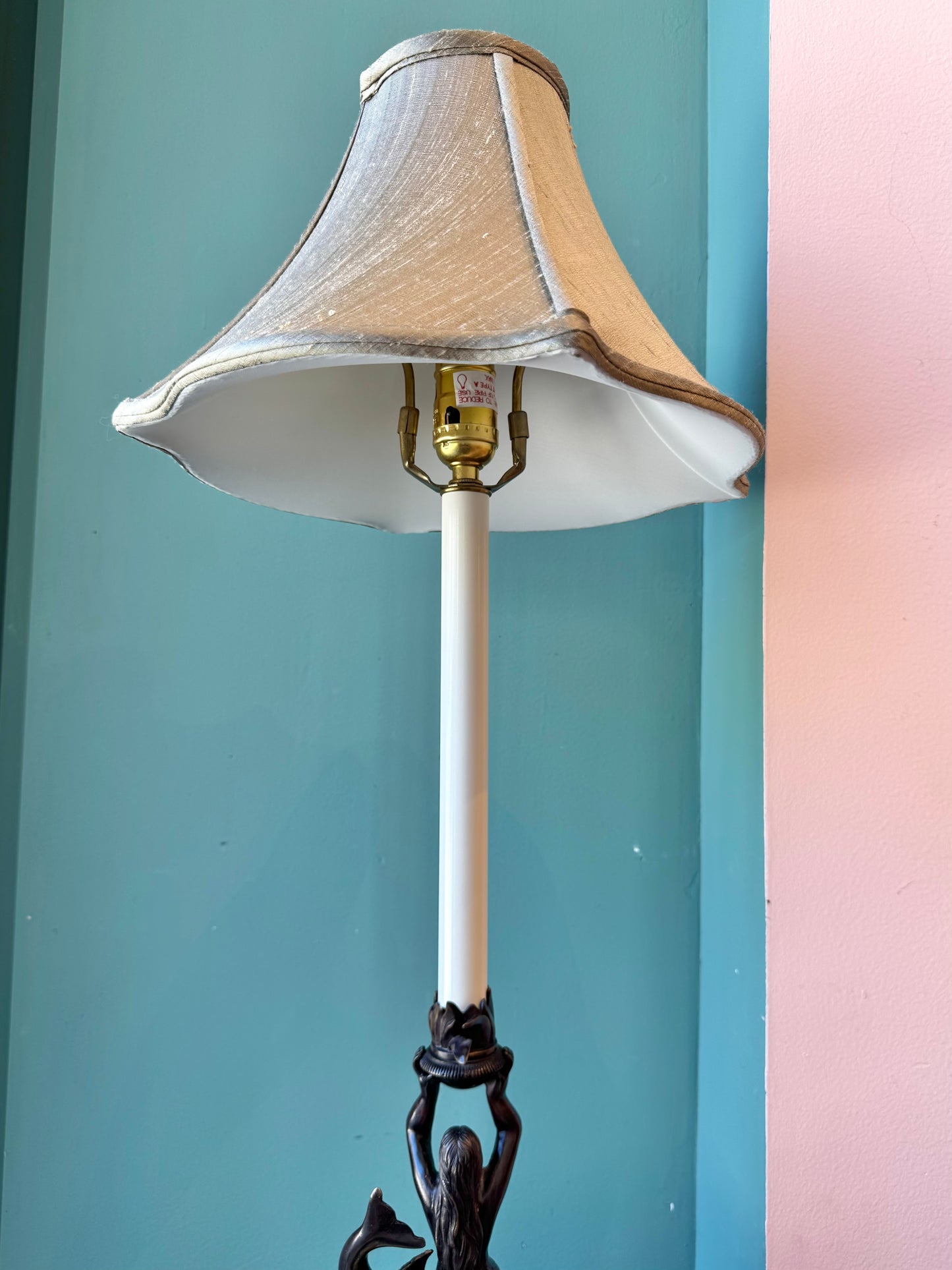 Vintage Mermaid and Dolphin Brass and Bronze Table Lamp with Shade