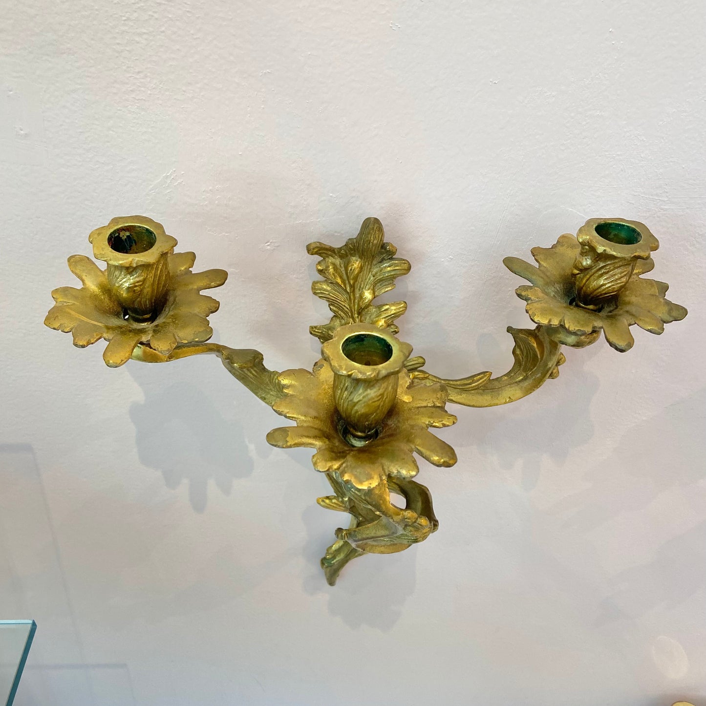 Pair of Antique Louis XV Rococo Style Brass 3 Arm Candle Sconces