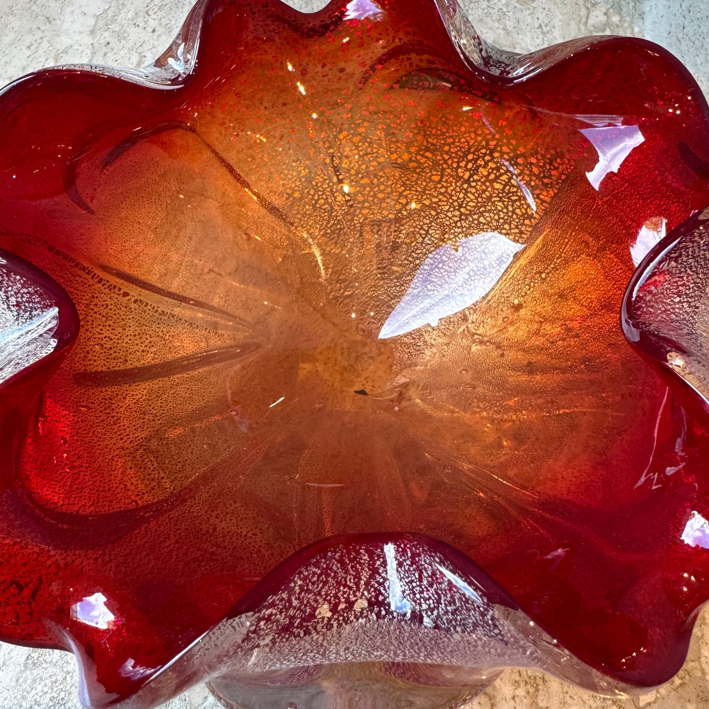Vintage Red and Silver Leaf Murano Glass Bowl