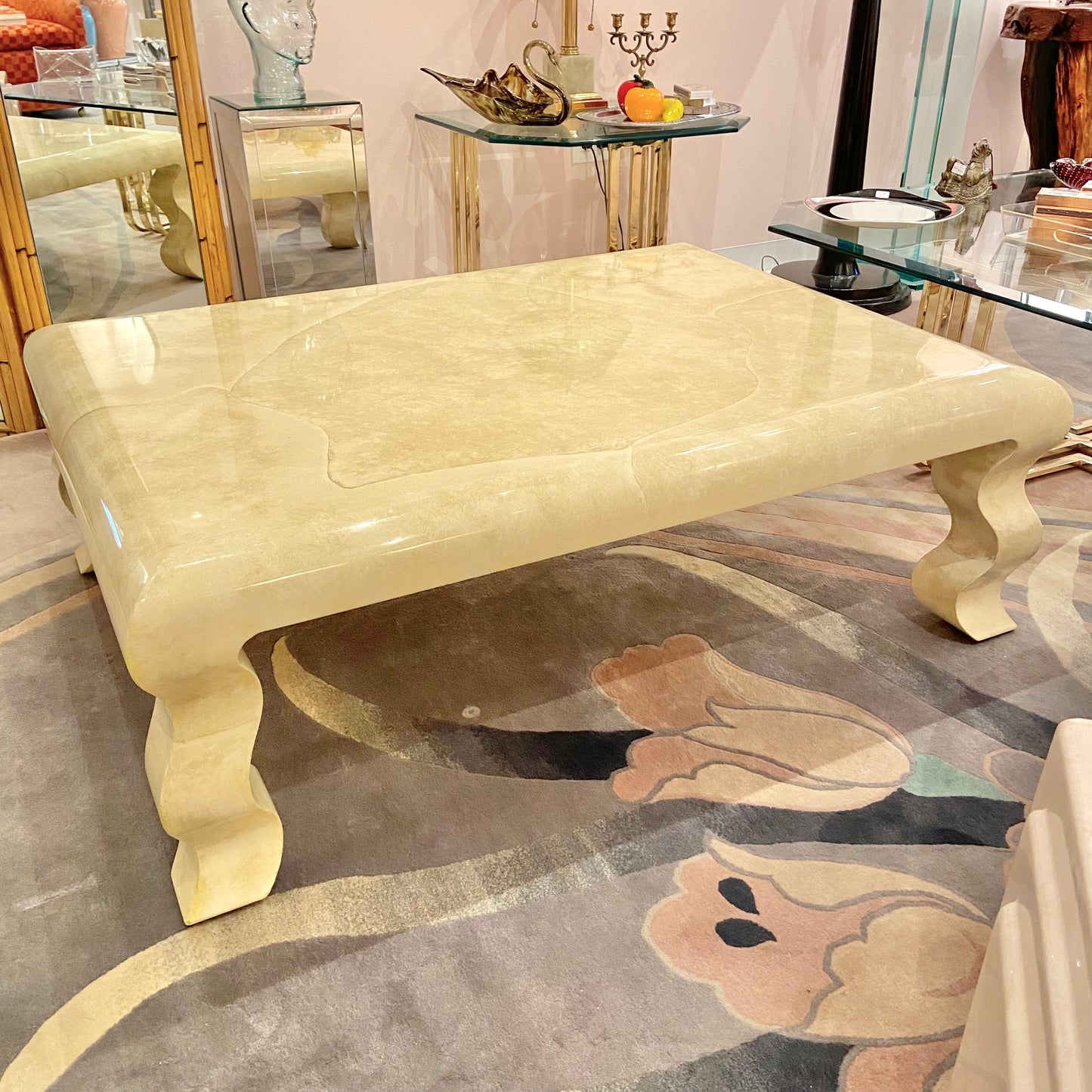 Vintage Faux Goatskin Lacquer Wavy Leg Coffee Table