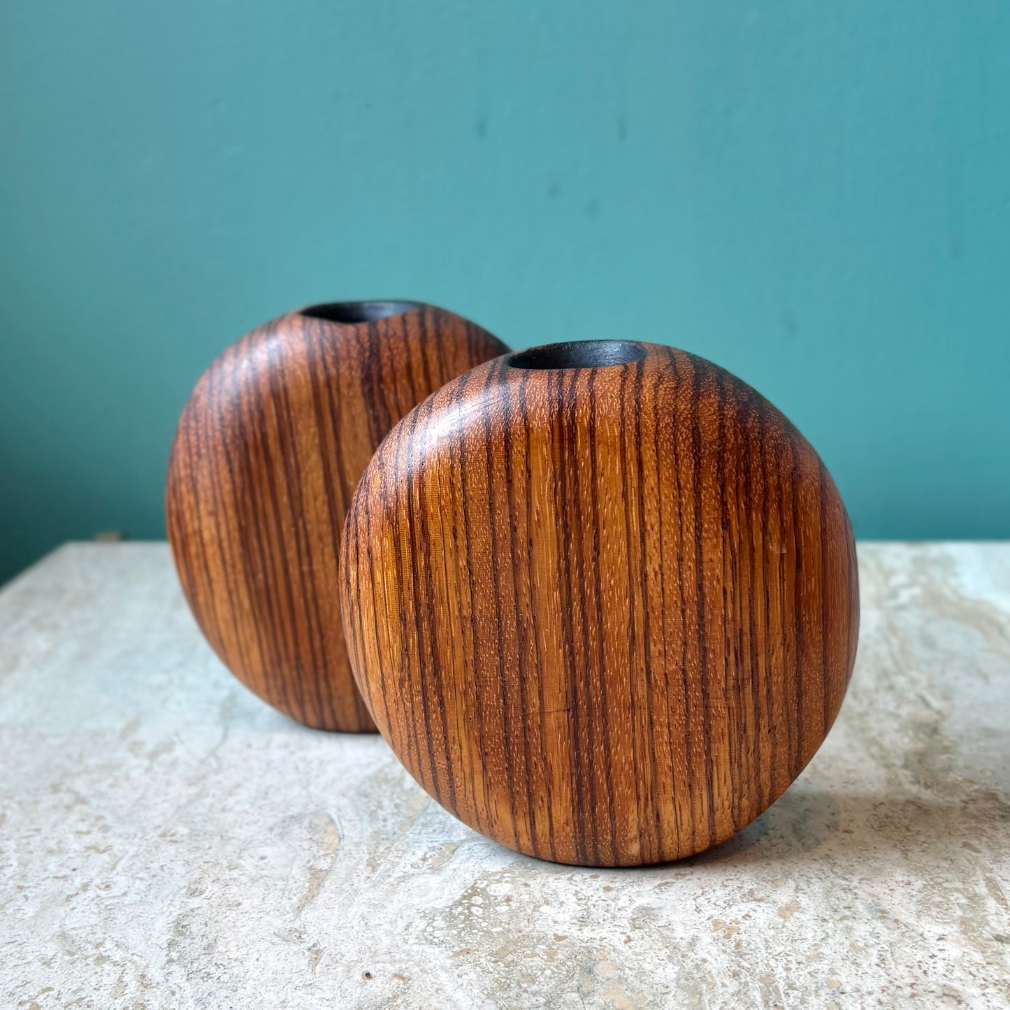 Vintage Pair of Circular Wooden Candlestick Holders