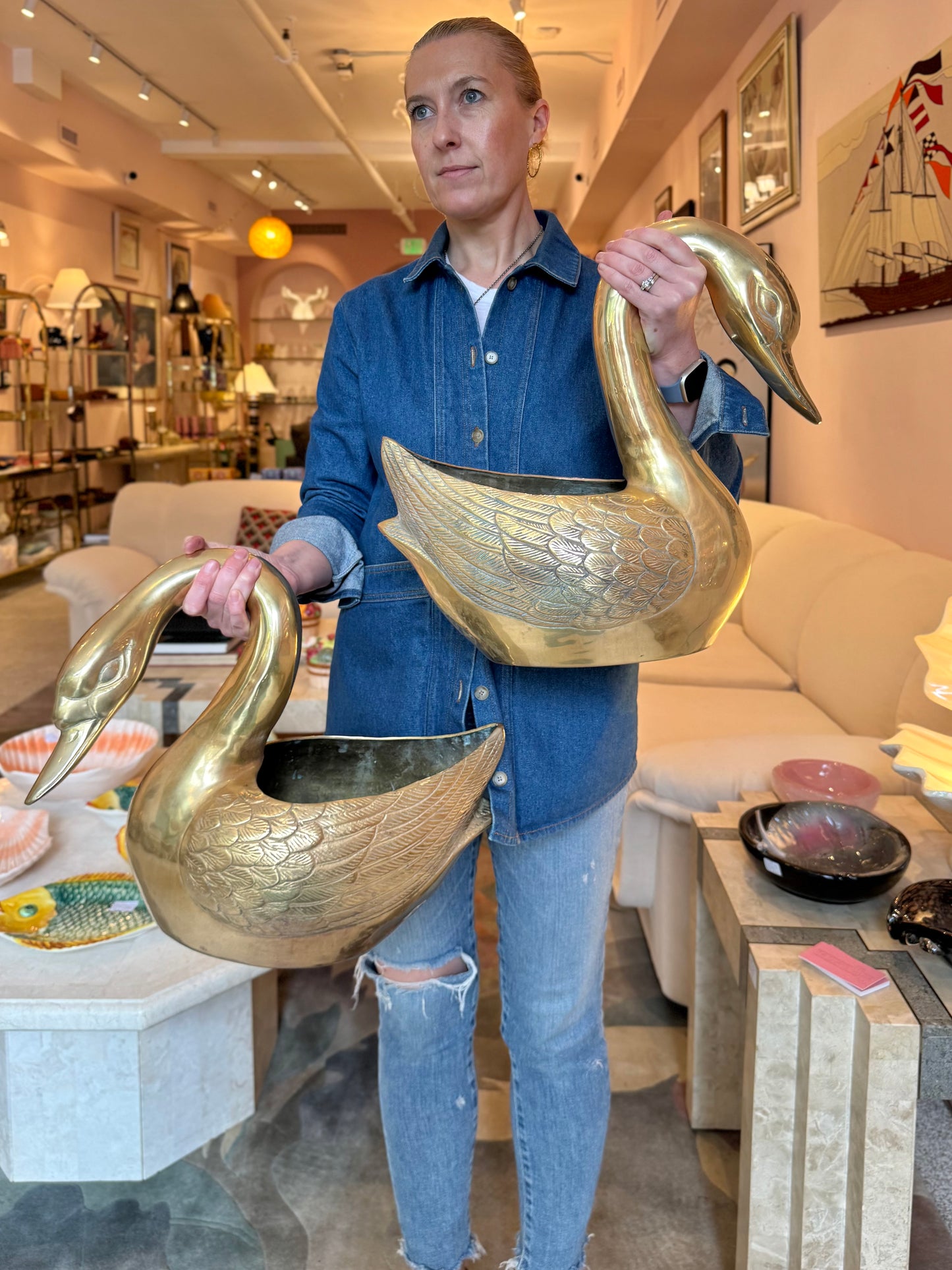 Vintage Large Brass Swan Planter