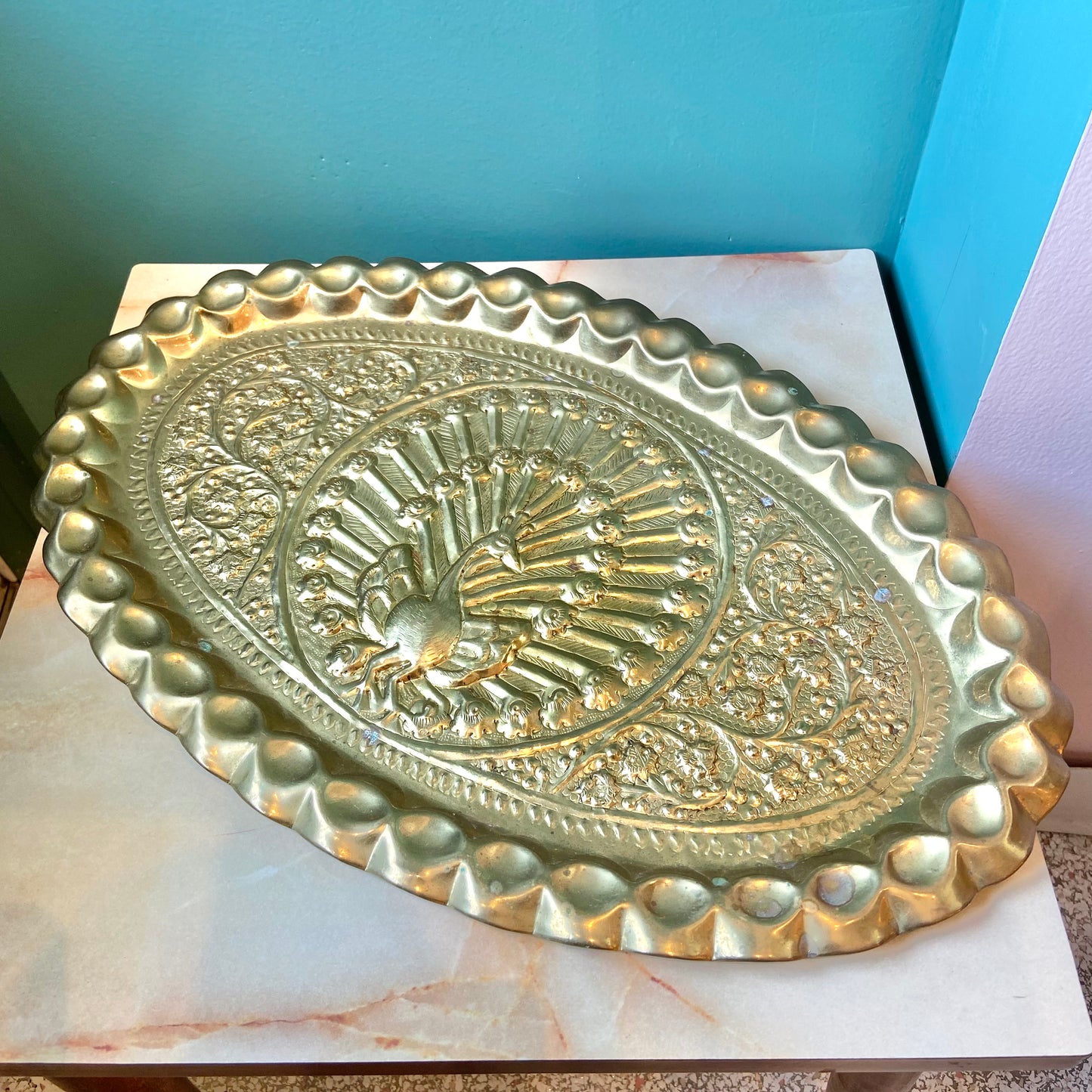 Vintage Brass Peacock Embossed Decorative Tray/Wall Hanging