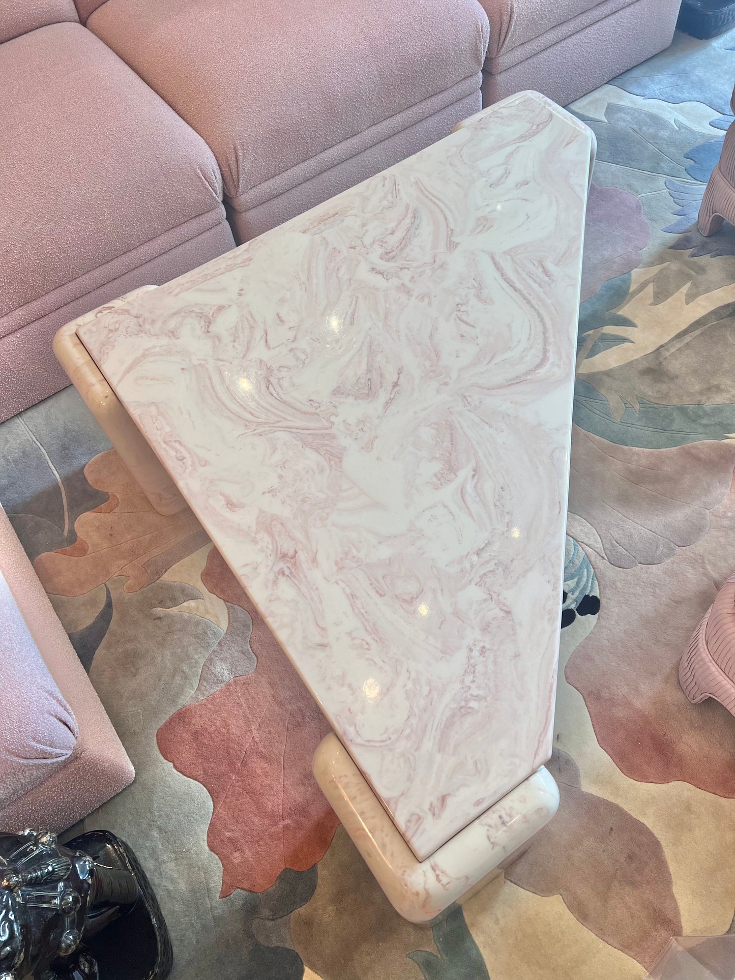 1980’s Triangular Postmodern Pink Marble Resin Coffee Table