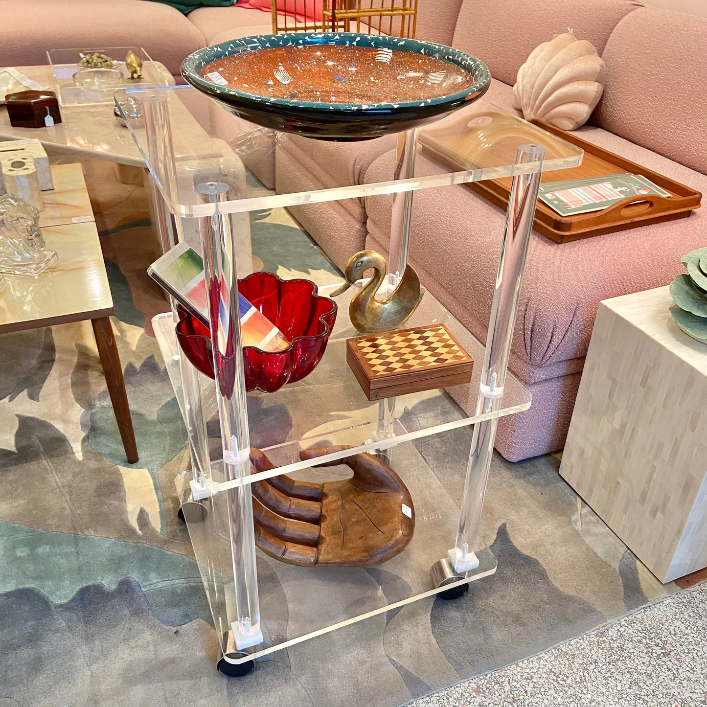 Vintage 3 Tier Lucite Rolling Shelf