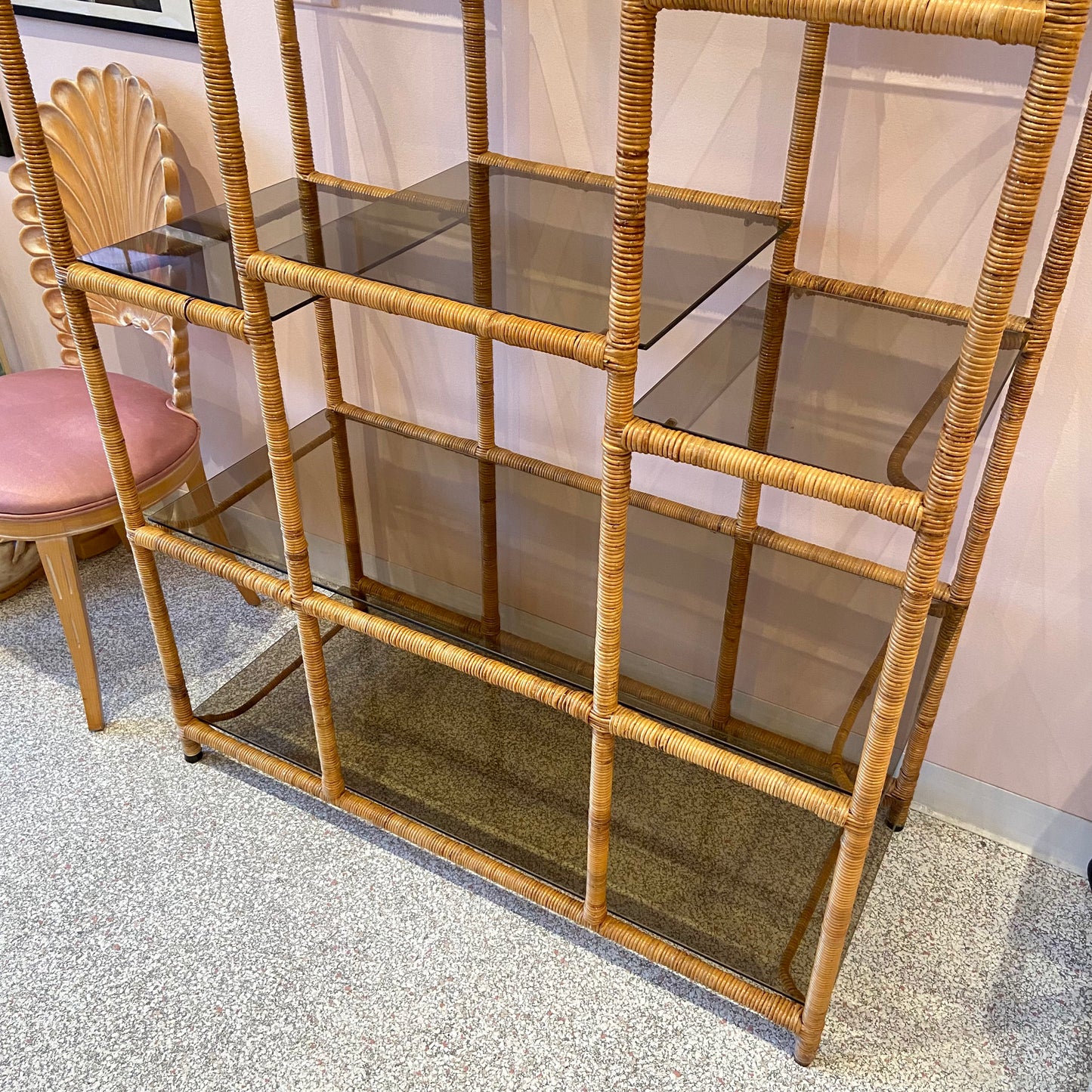 Vintage Wicker Rattan Etagere with Smoked Glass