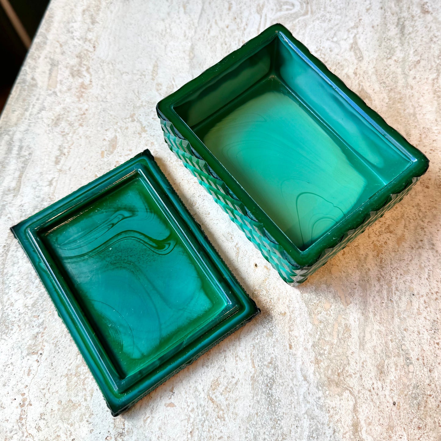 Vintage Art Deco Malachite Glass Trinket Box
