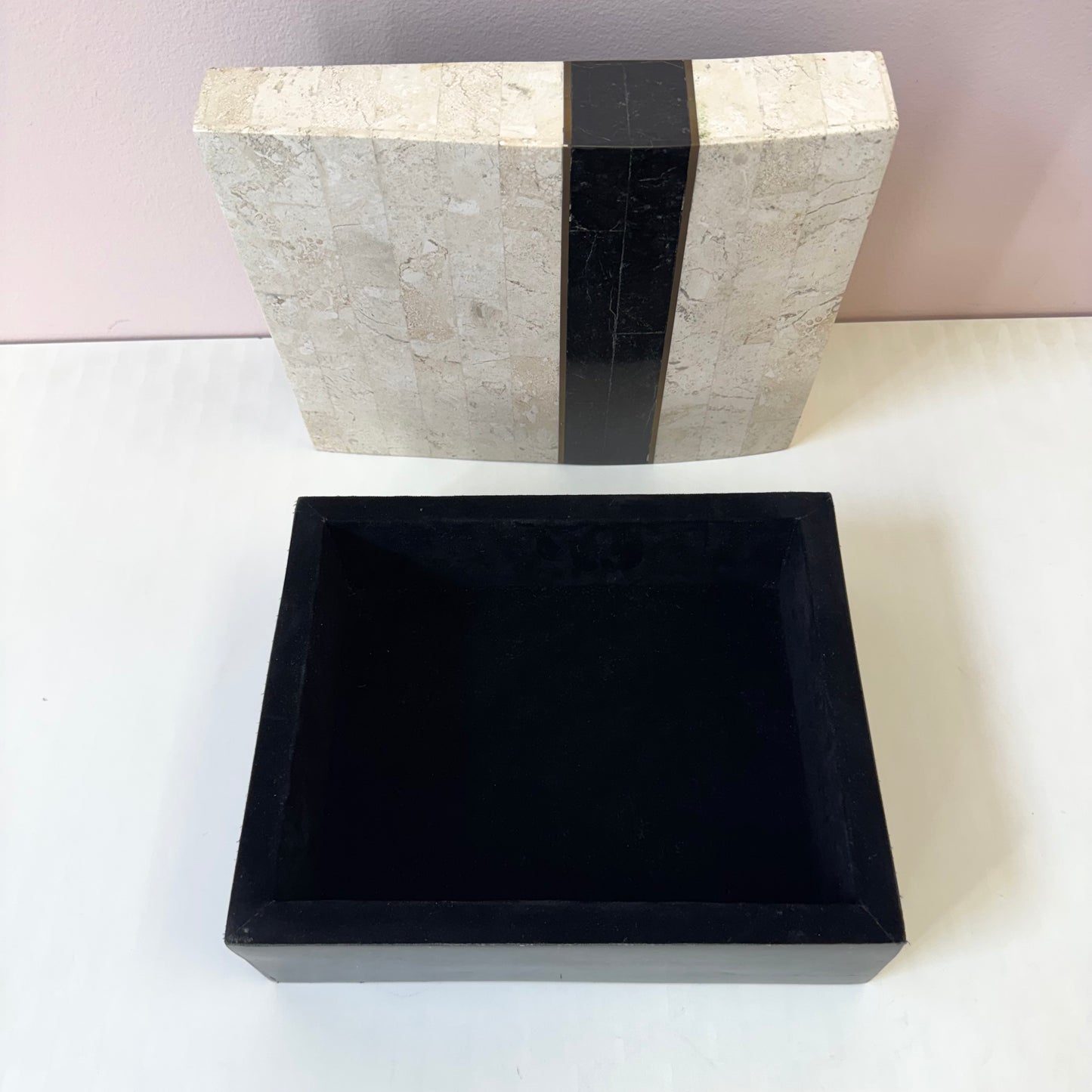 Vintage Maitland Smith Style Black and Cream Tessellated Stone Box