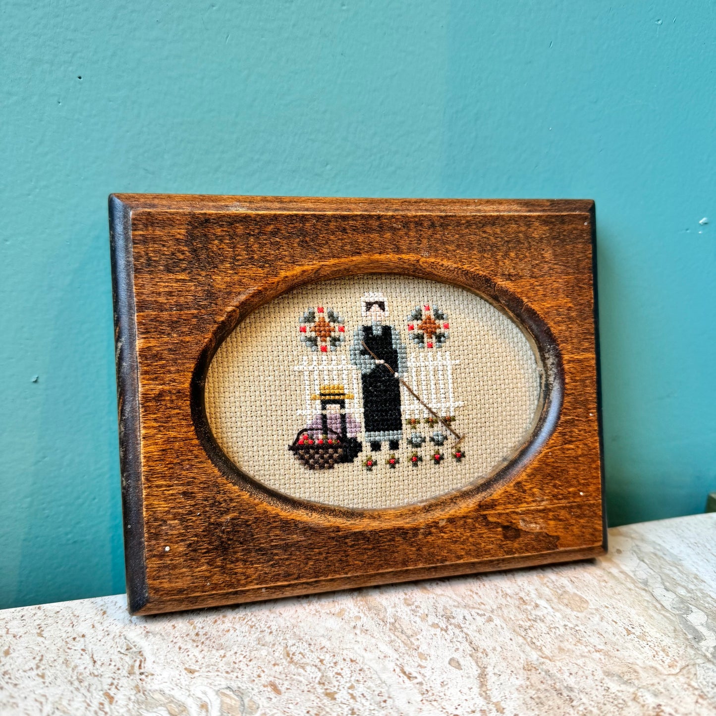 Vintage Framed Needlepoint Amish Gardener Artwork