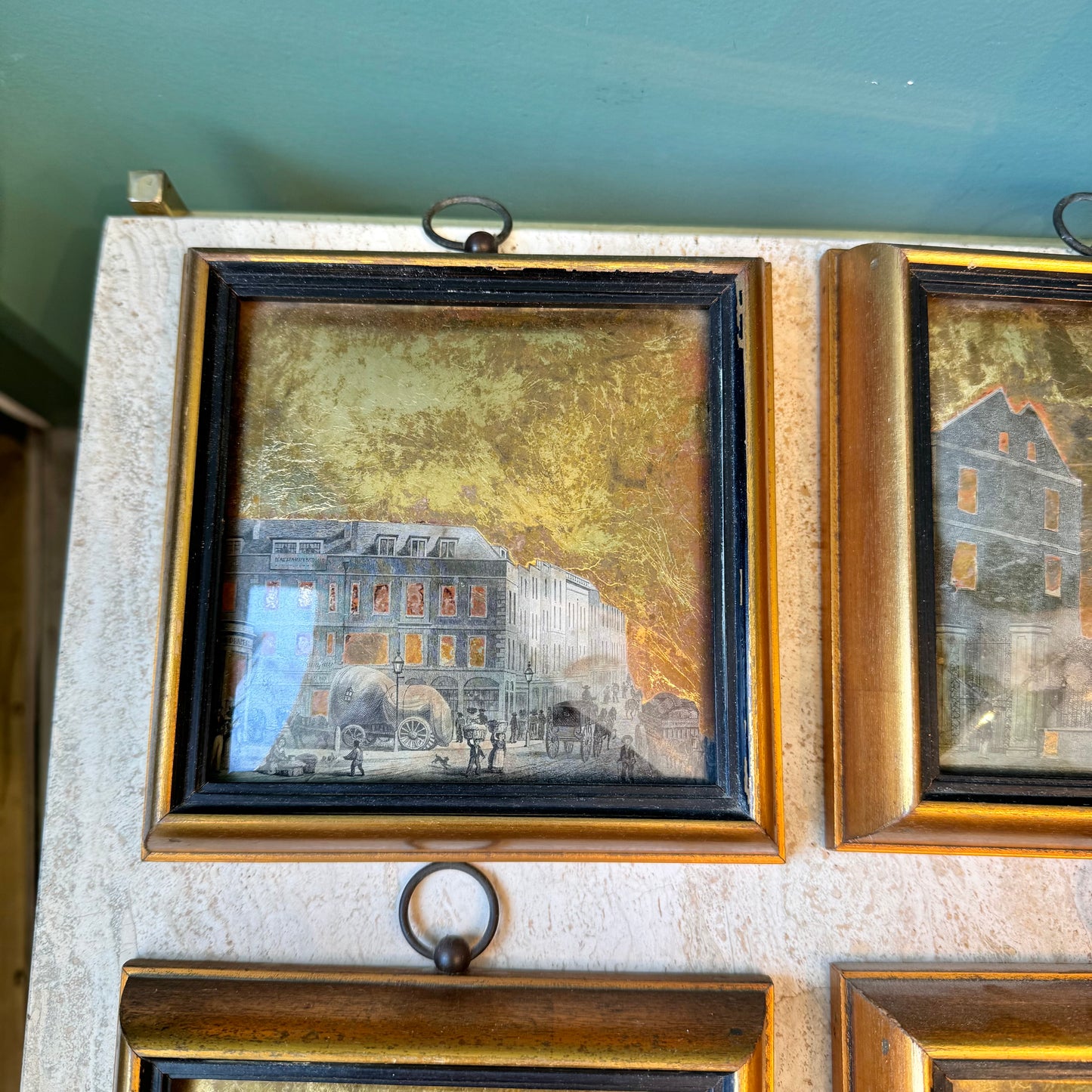 Set of 4 Antique Framed Sungott Decoupage Gold Leaf Convex Glass Artworks
