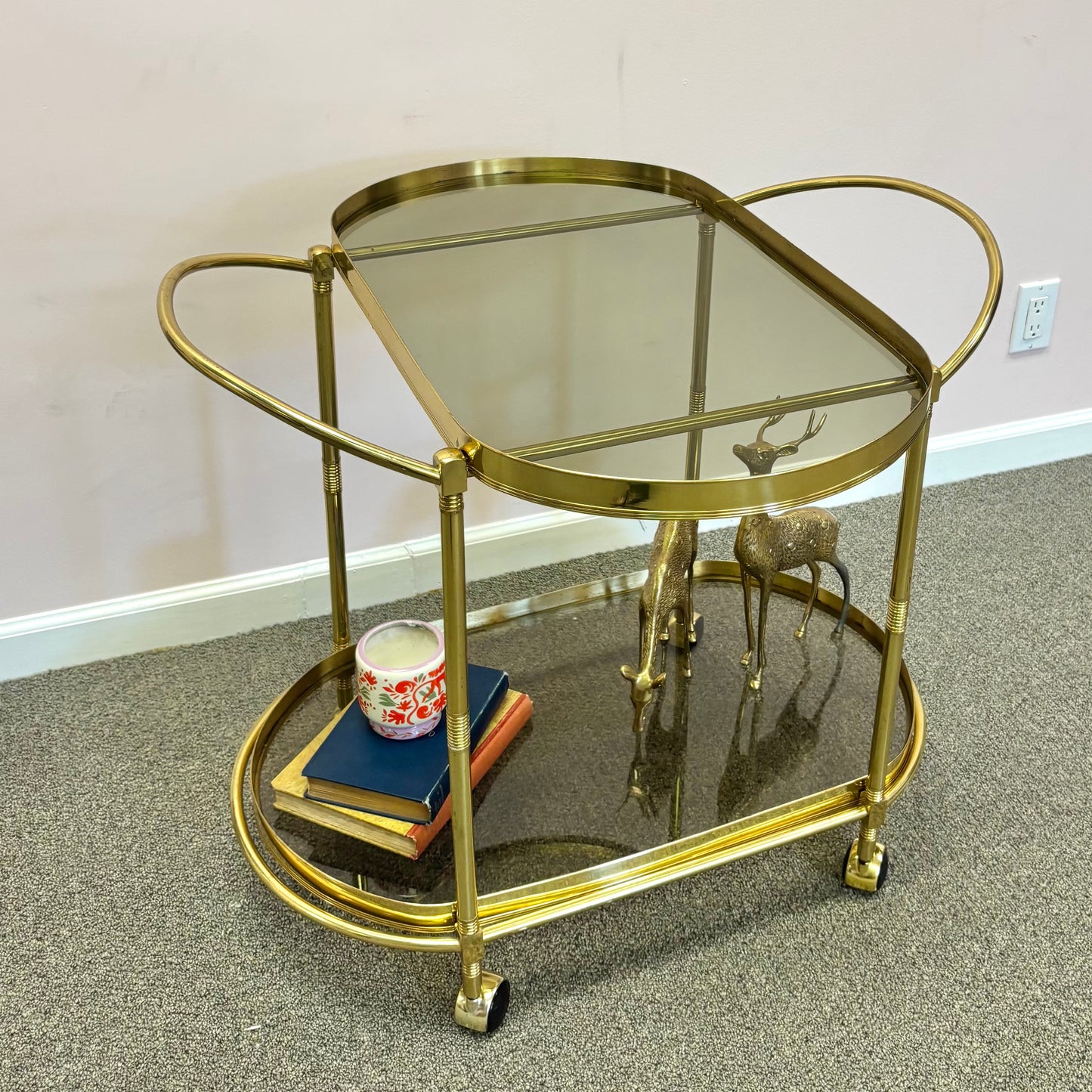 Vintage Oval Brass and Smoked Glass Rolling Bar Cart