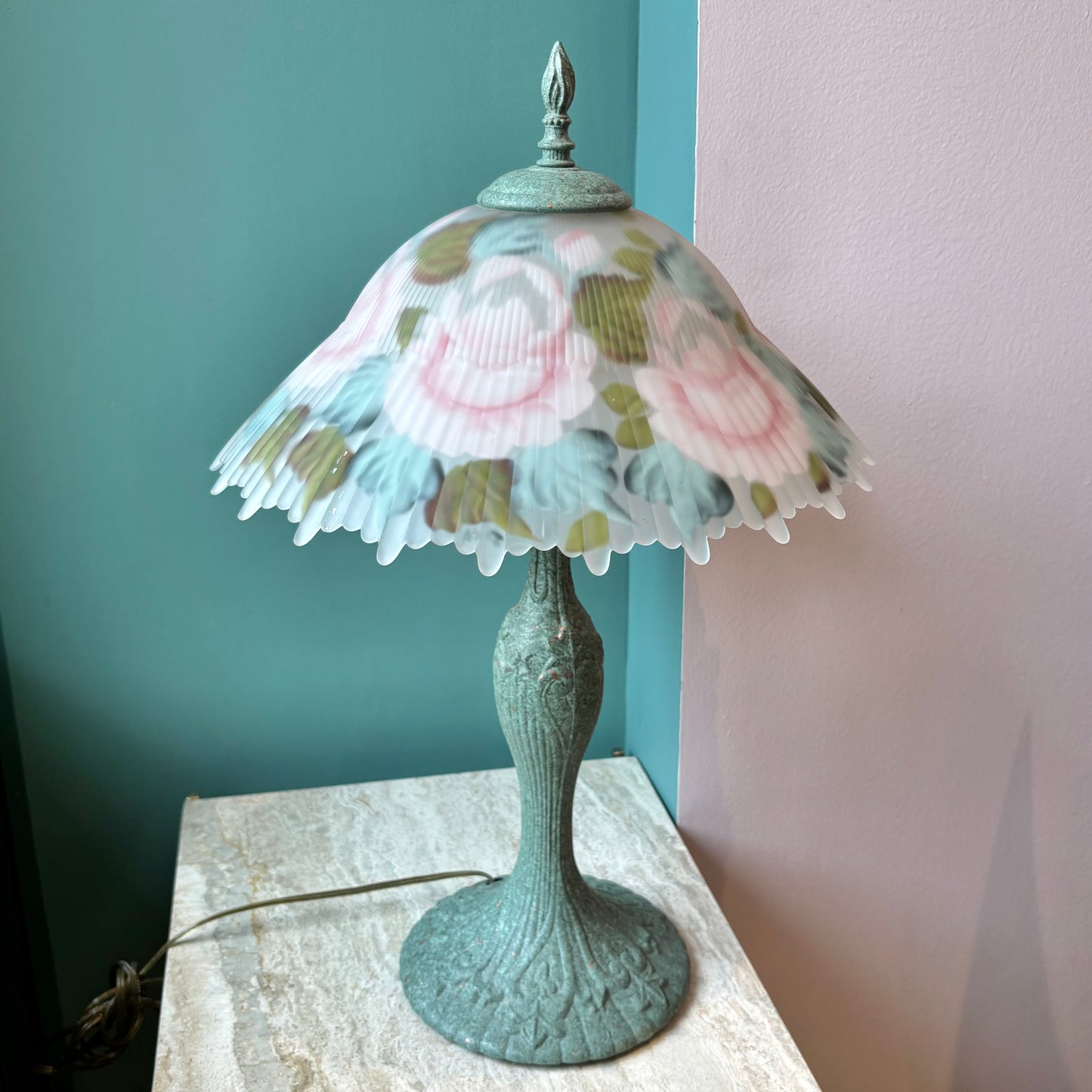 Vintage Tiffany Style Hand Painted Floral Glass Lamp