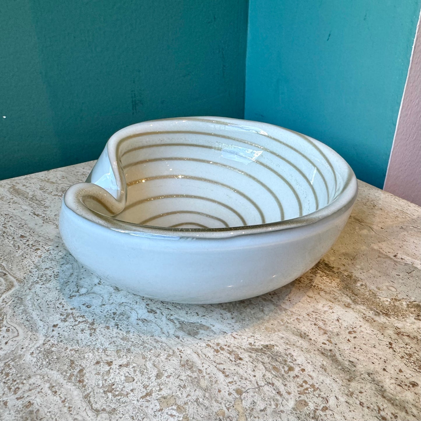 Vintage White and Gold Swirl Murano Glass Ashtray/Bowl