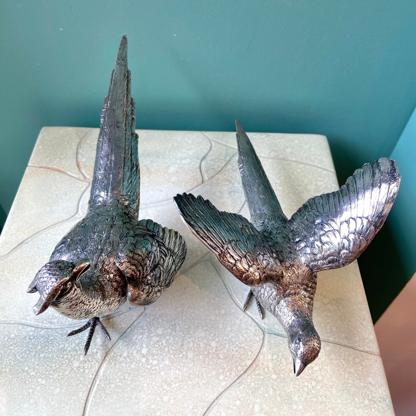 Pair of Antique Silver Plated Pheasant Bird Statues