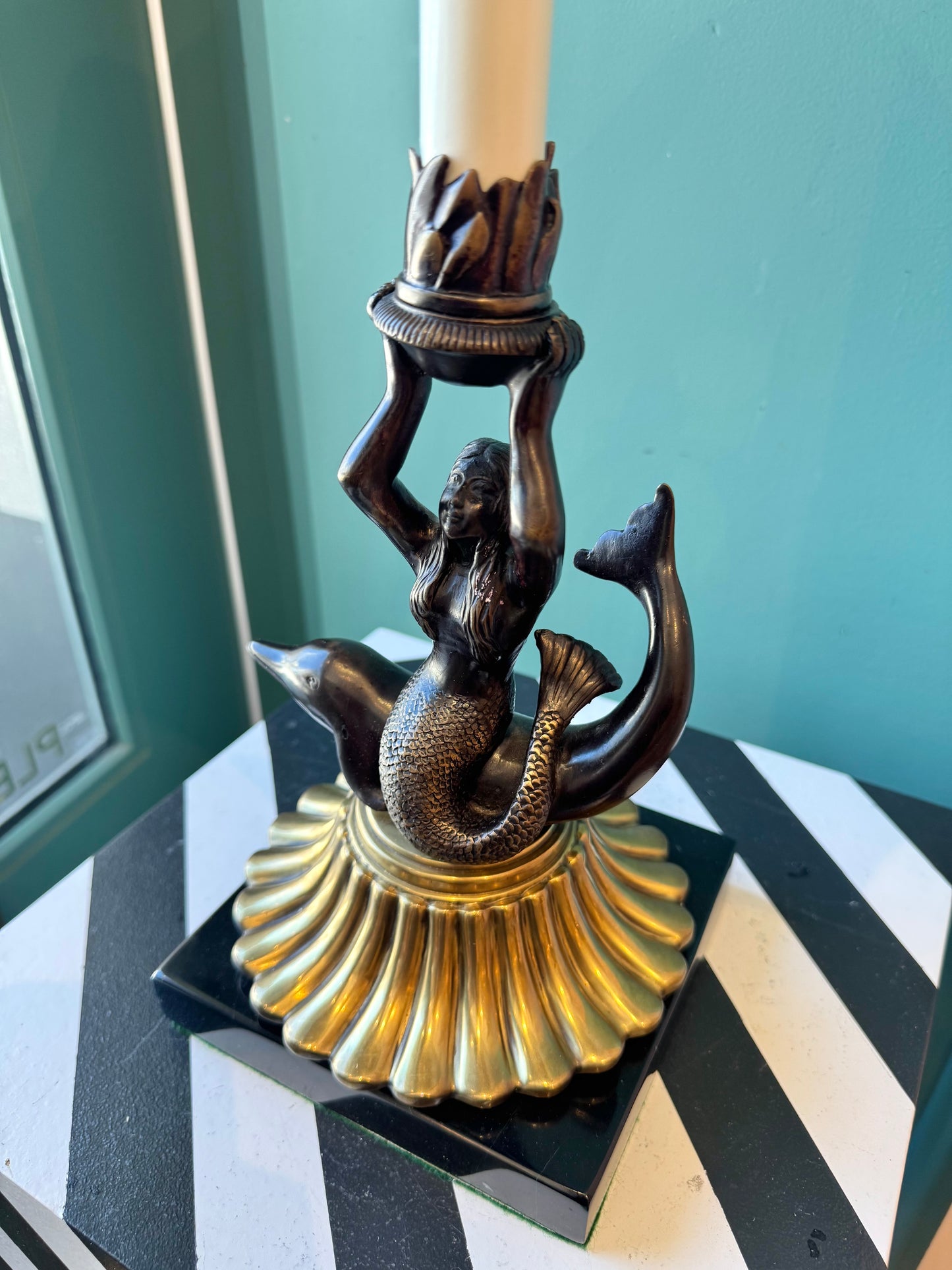 Vintage Mermaid and Dolphin Brass and Bronze Table Lamp with Shade
