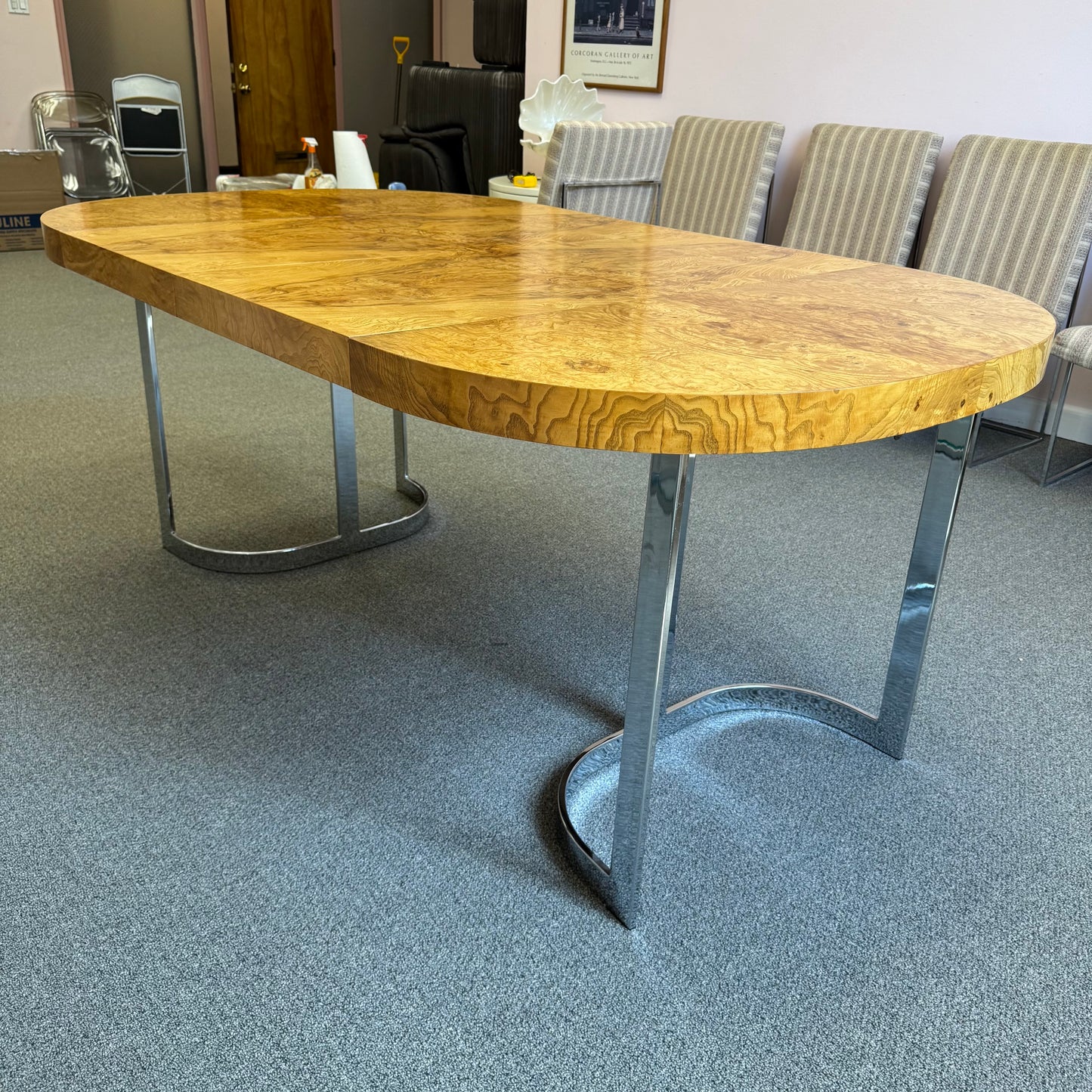 Vintage Milo Baughman Style Extendable Oval Burl and Chrome Dining Table