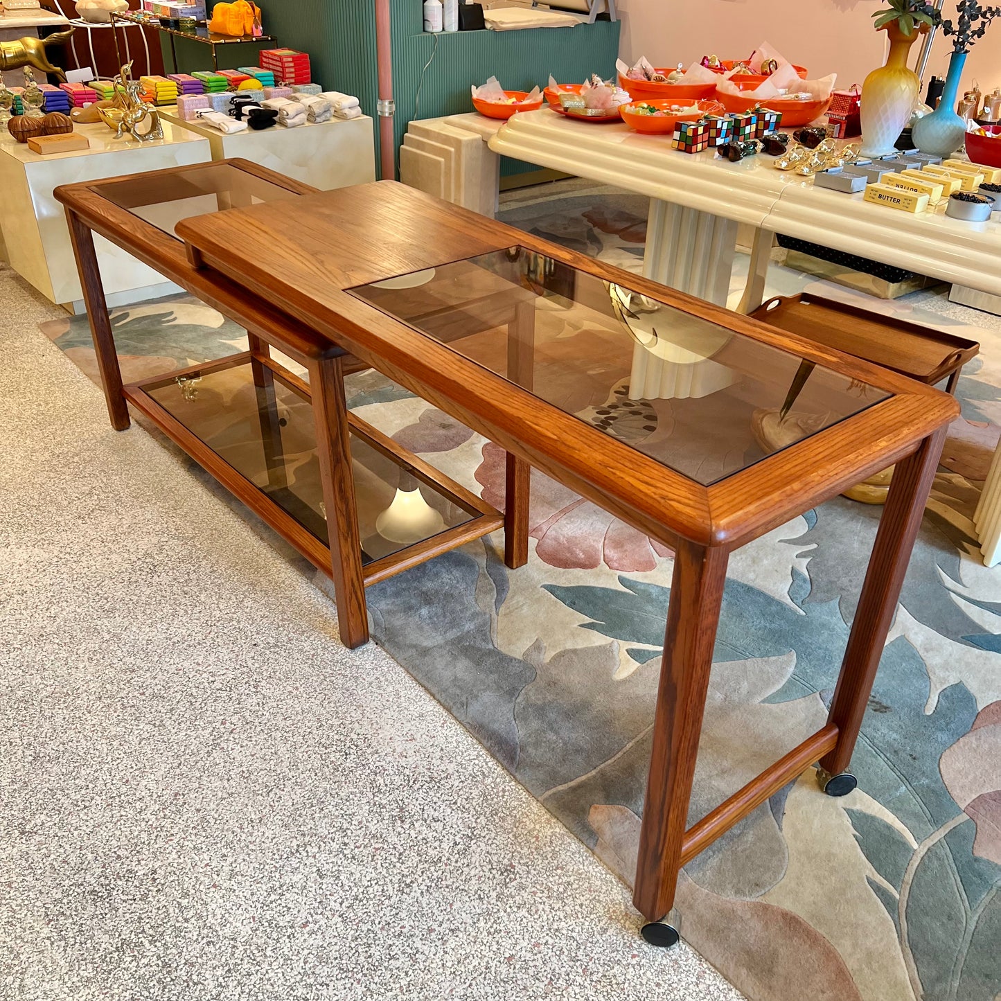 Vintage Lou Hodges Style Oak and Smoked Glass Swiveling Console/Desk