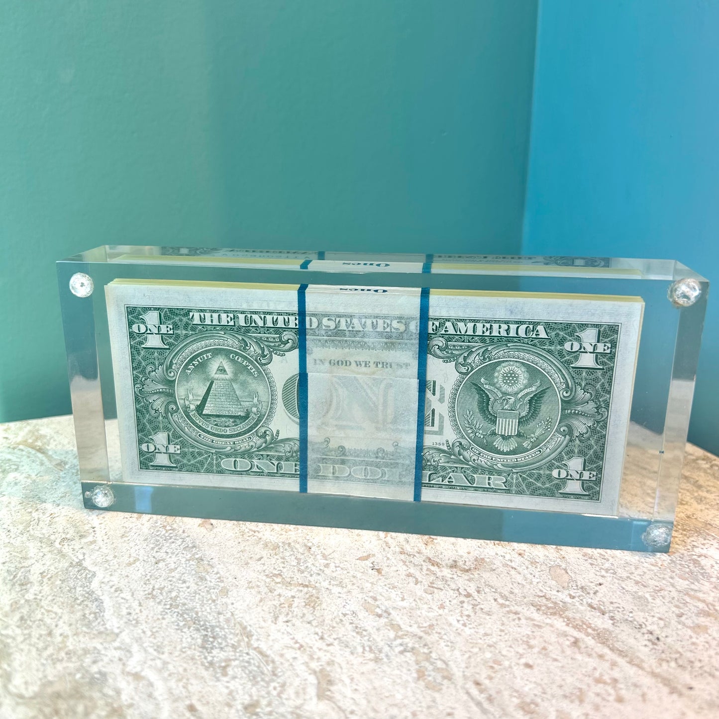 Vintage Lucite 1969 Stacked $100 One Dollar Bills Paperweight