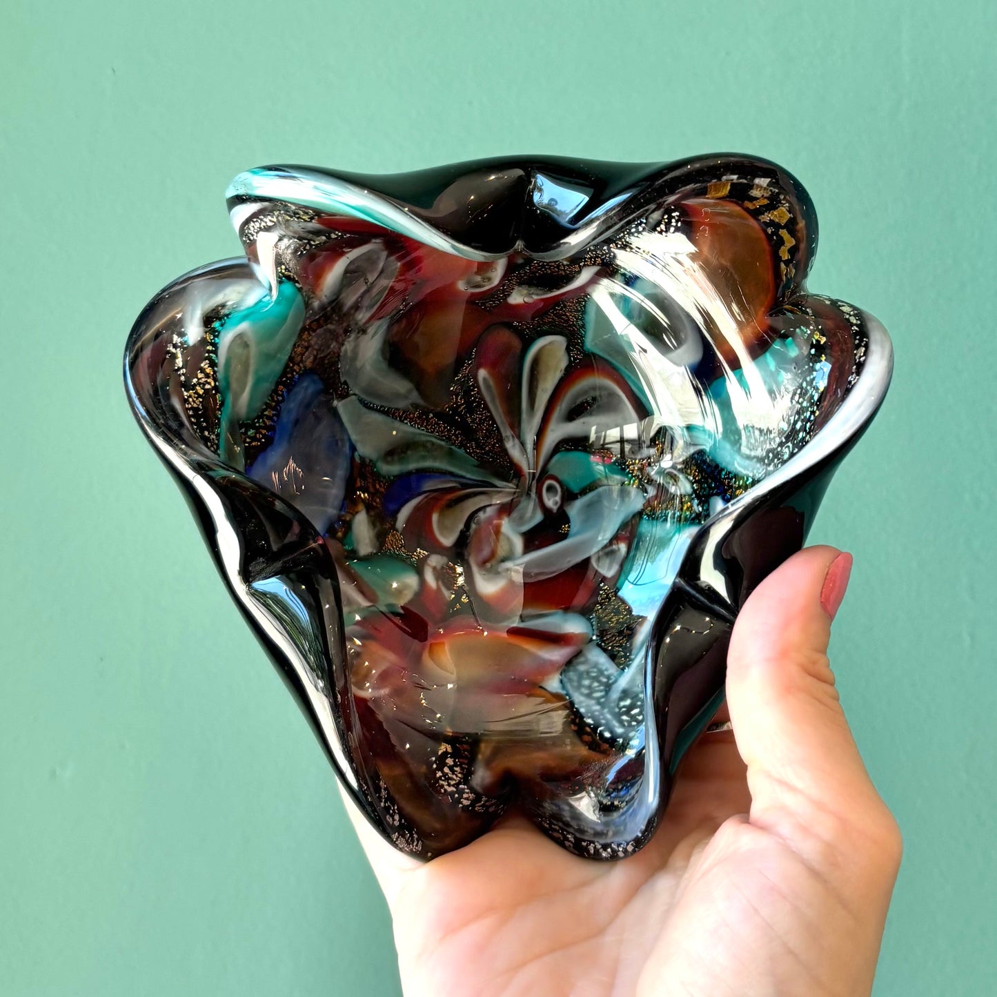Vintage Black and Silver Leaf Millefiori Murano Glass Bowl