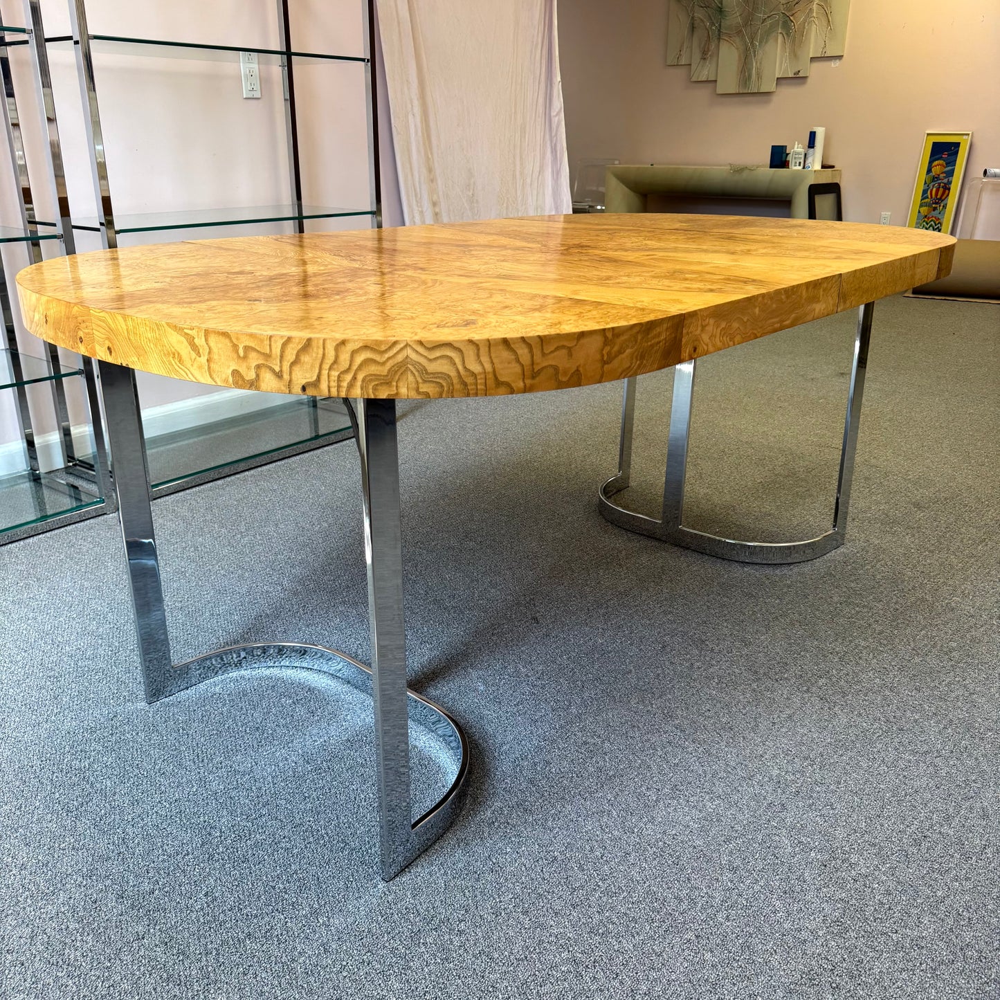 Vintage Milo Baughman Style Extendable Oval Burl and Chrome Dining Table