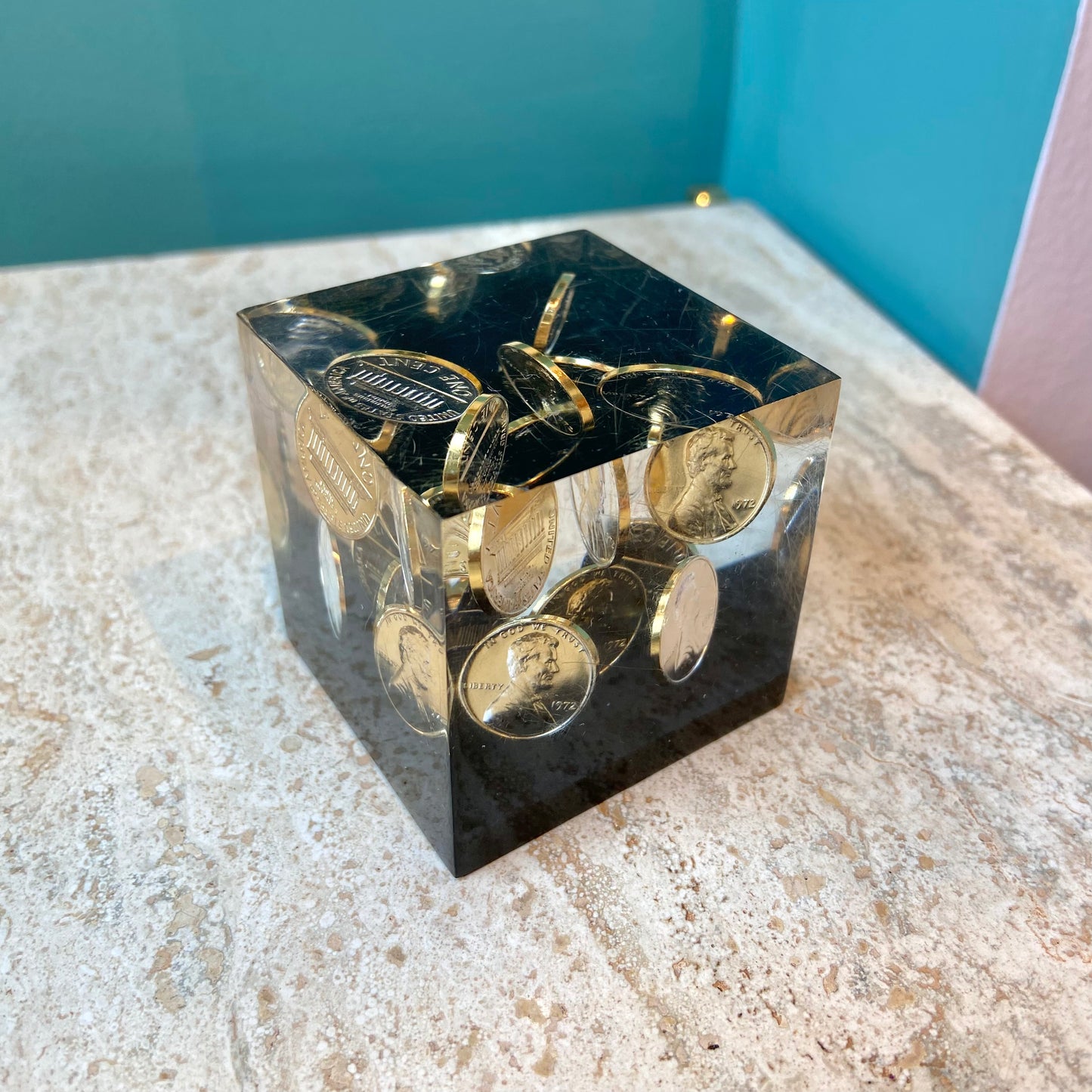 Vintage Lucite 1972 Penny Paperweight