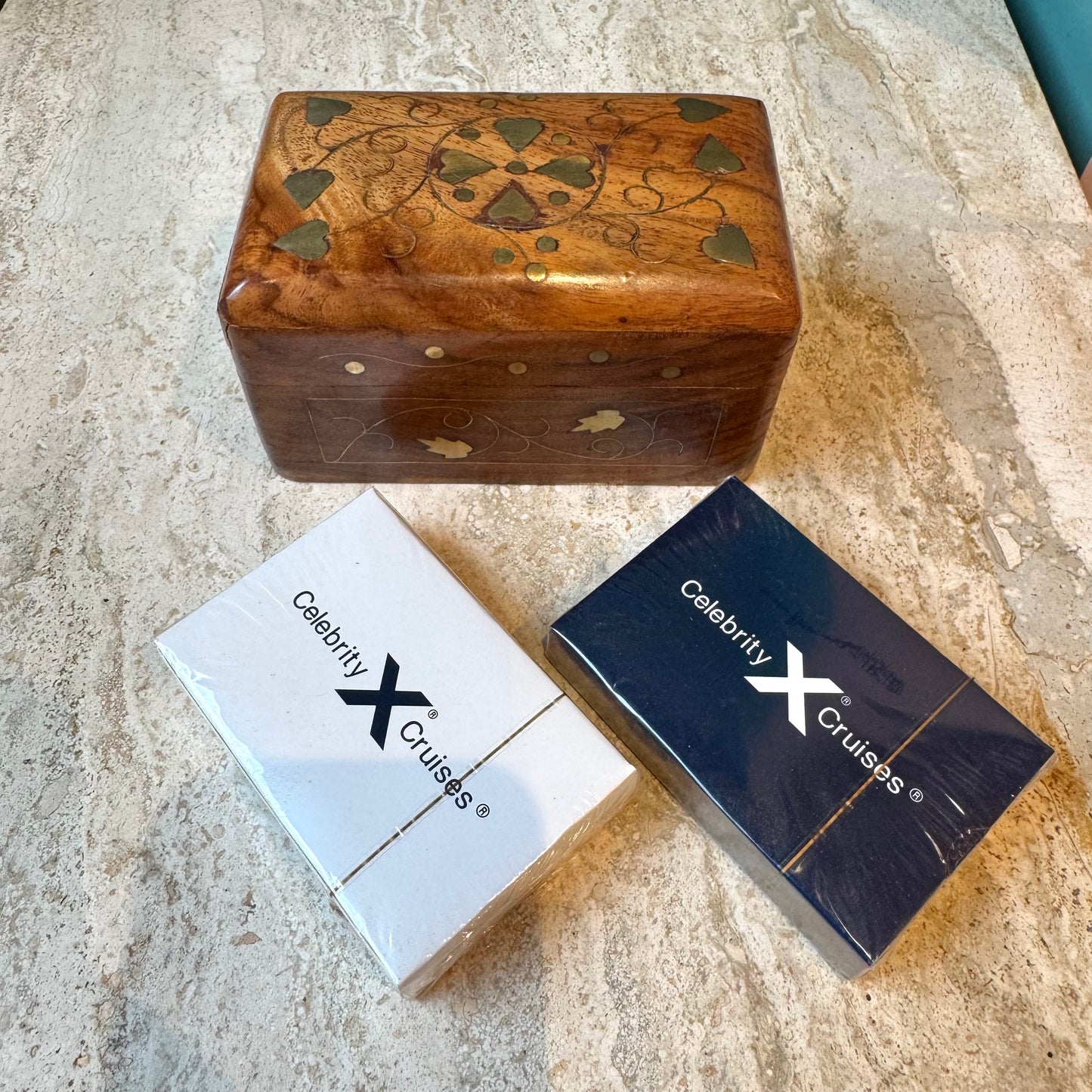 Vintage Wooden Playing Card Box with Brass Heart Inlay and Cards