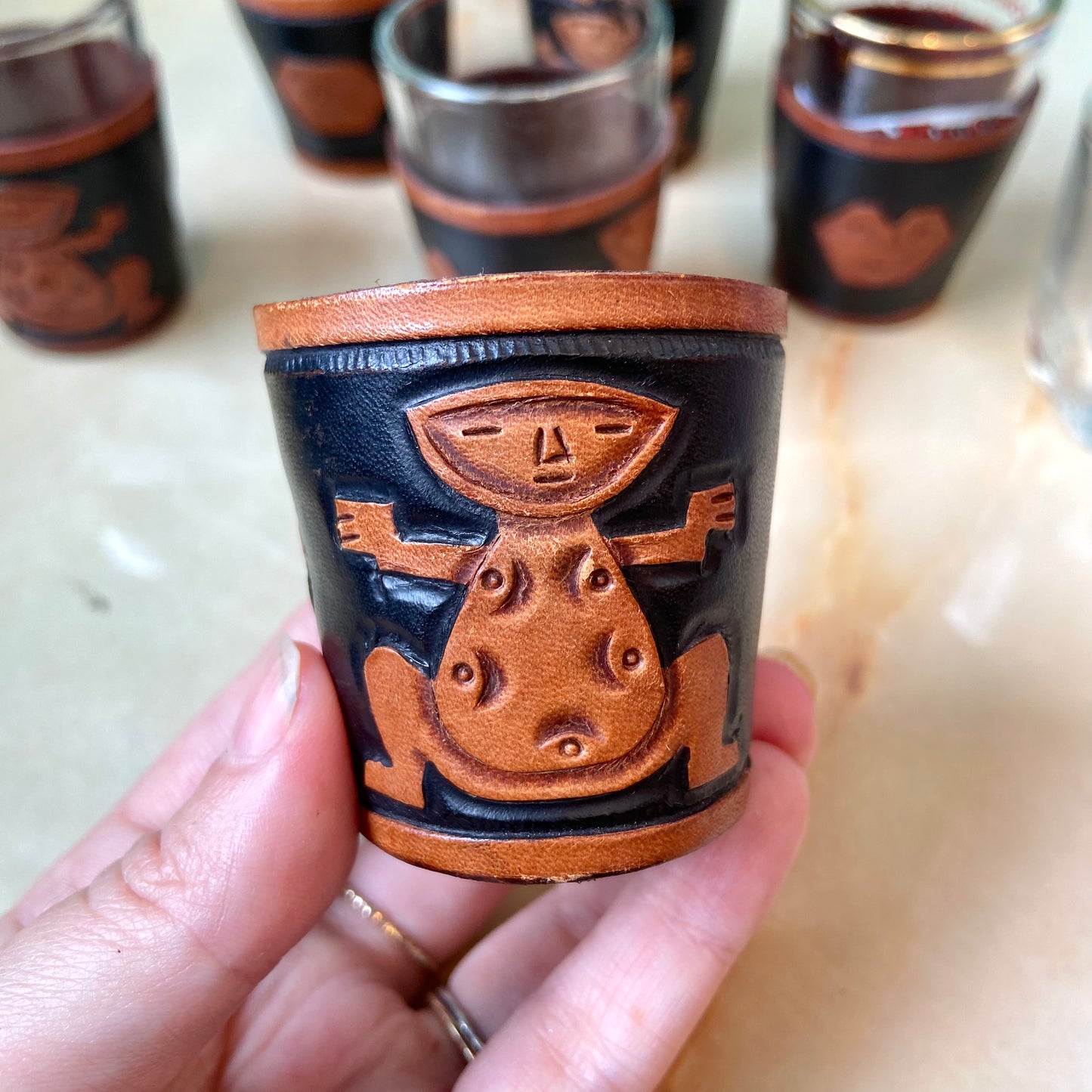 Set of 6 Vintage Leather Shot Glass Holders