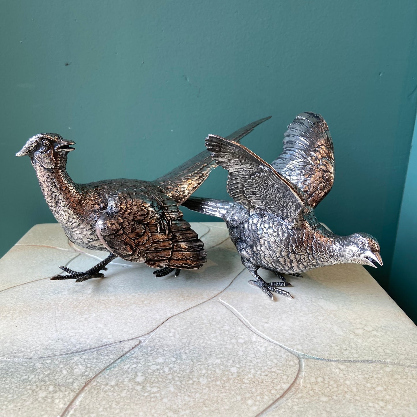 Pair of Antique Silver Plated Pheasant Bird Statues