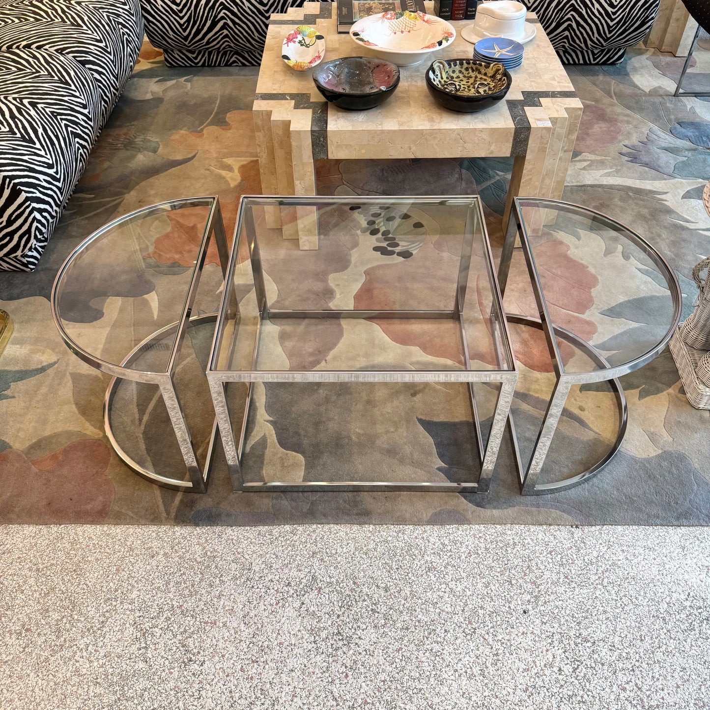 Vintage Three Piece Chrome and Glass Coffee Table
