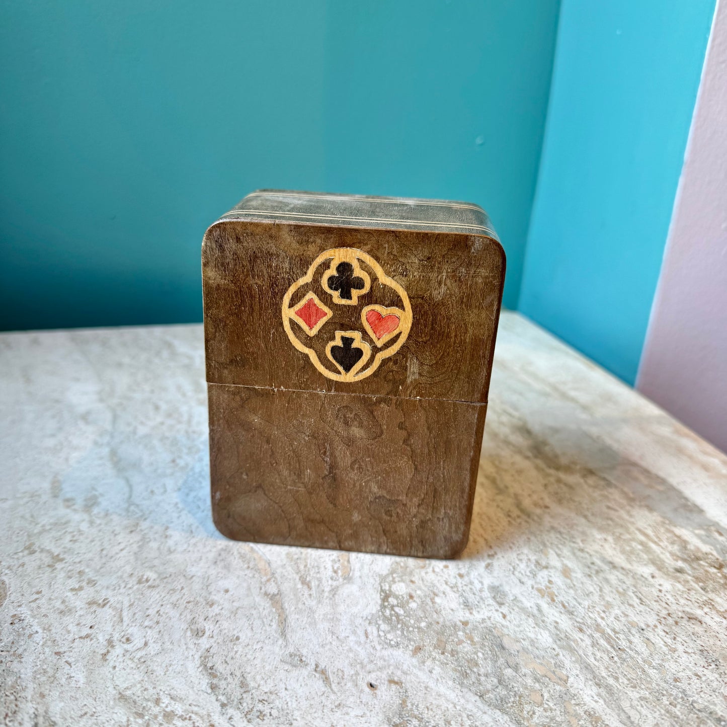 Antique Wooden Playing Card Box with Cards