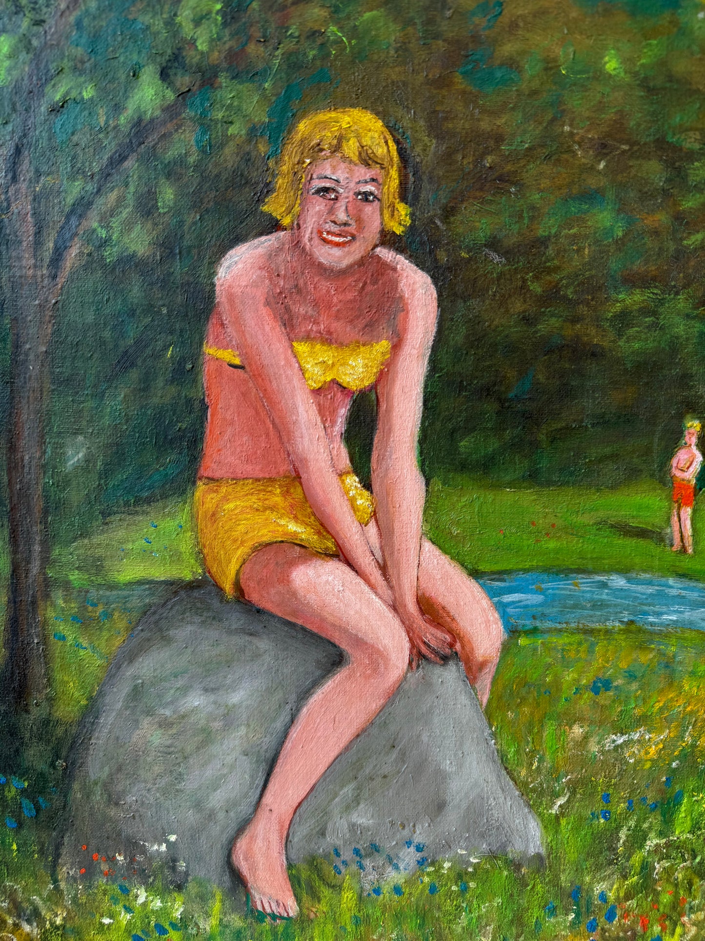 Vintage Original Framed “Bather by a Rock” Artwork