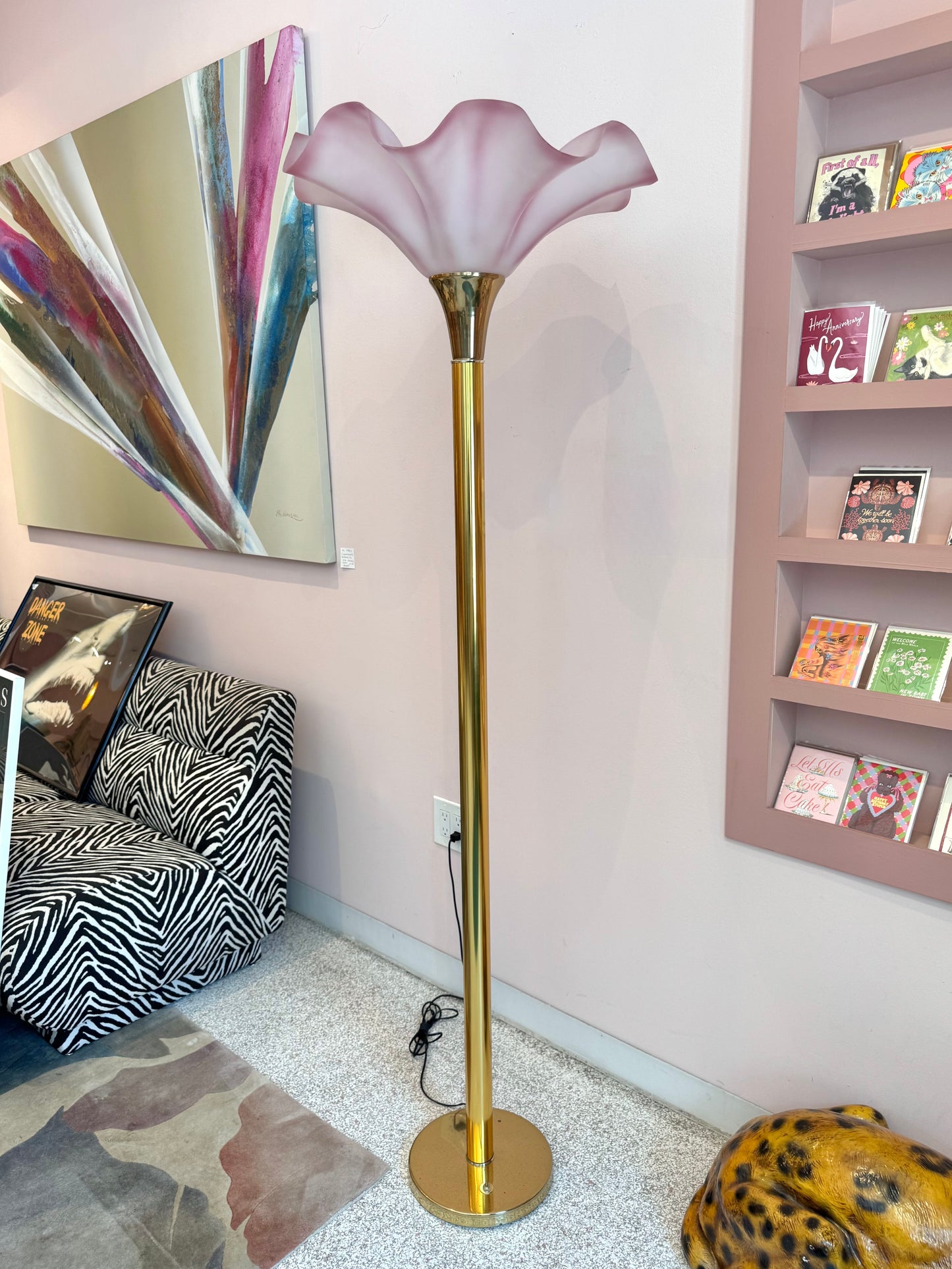 Vintage Pink Acrylic and Brass Flower Floor Lamp