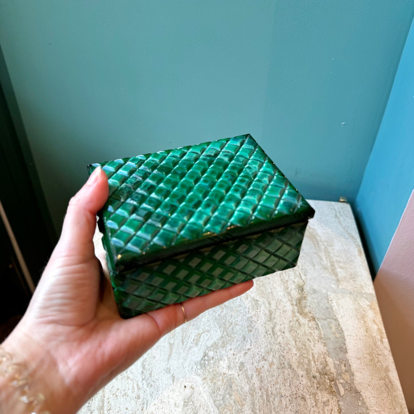 Vintage Art Deco Malachite Glass Trinket Box
