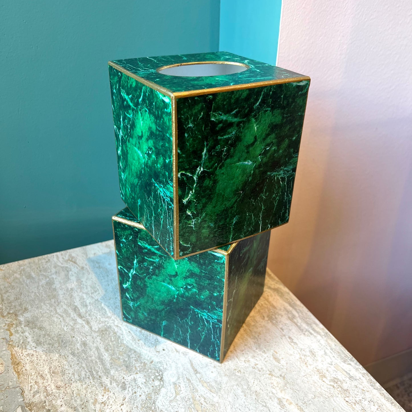 Malachite Papier Mache Tissue Box Cover