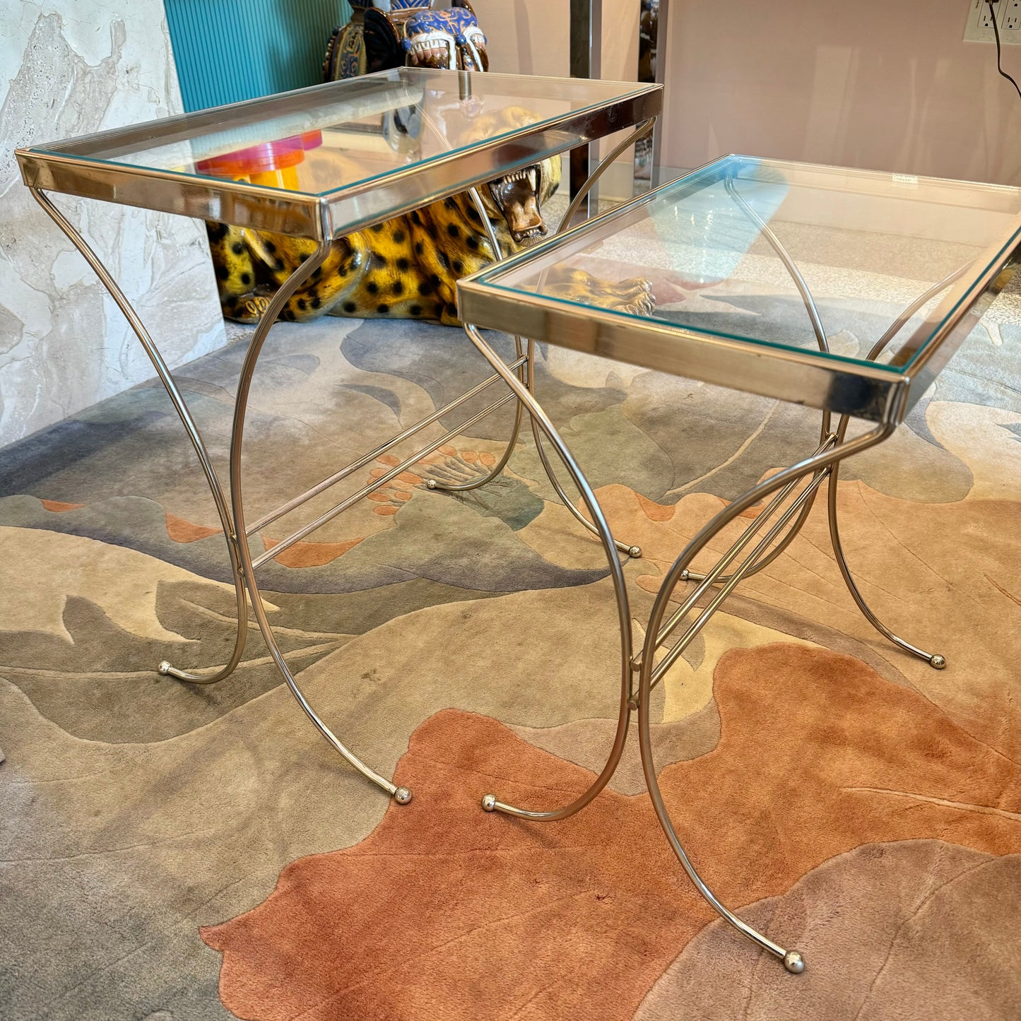 Pair of Vintage Chrome and Glass Nesting Side Tables