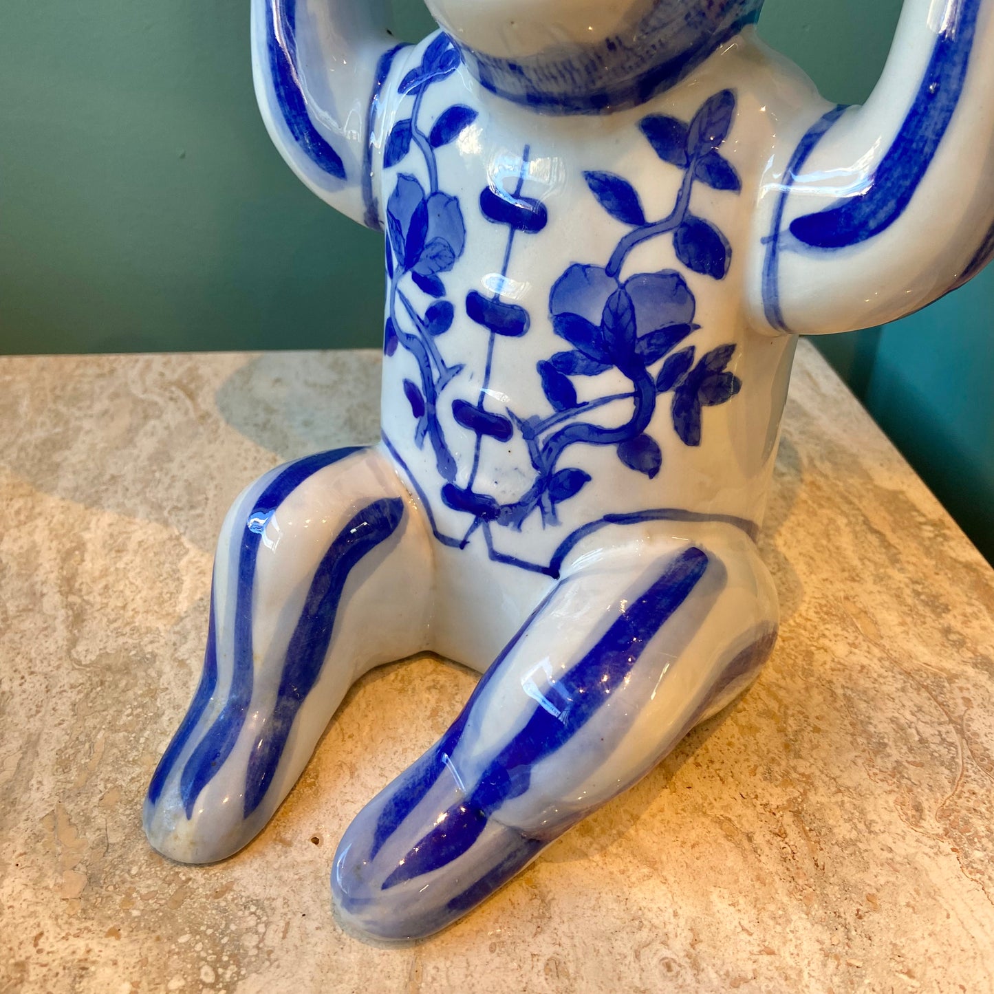 Vintage Chinoiserie Porcelain Monkey Holding a Bowl Statue