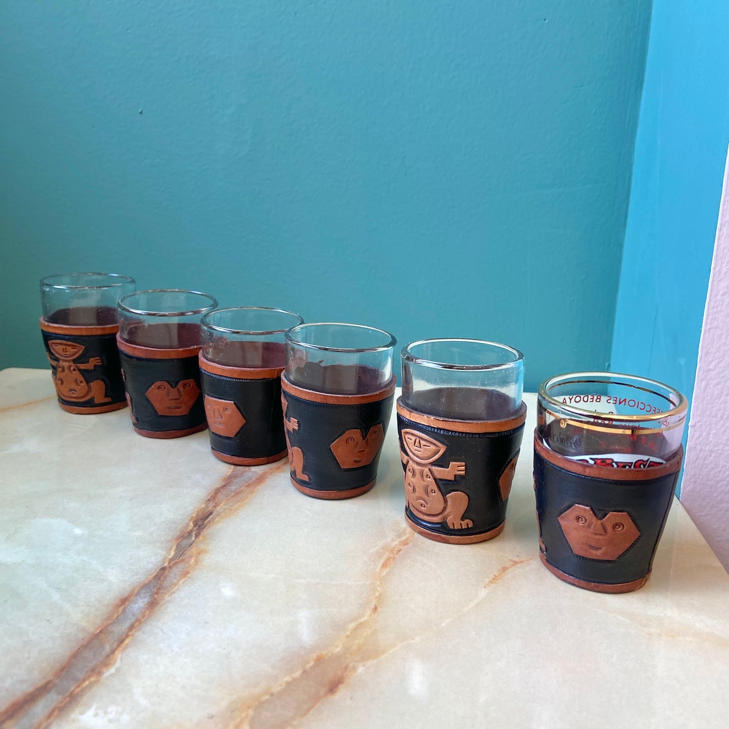 Set of 6 Vintage Leather Shot Glass Holders