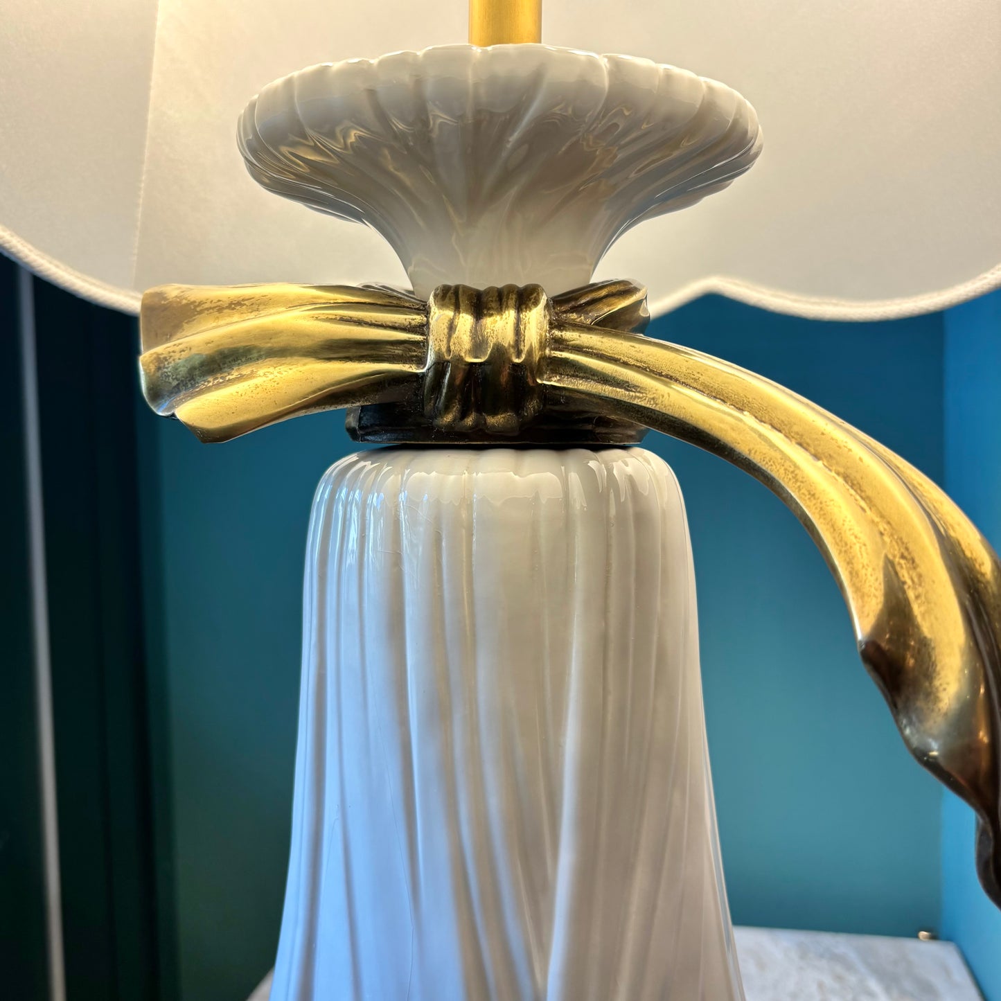 Vintage Ceramic Draped Cloth and Brass Bow Lamp with Scallop Shade by Chapman
