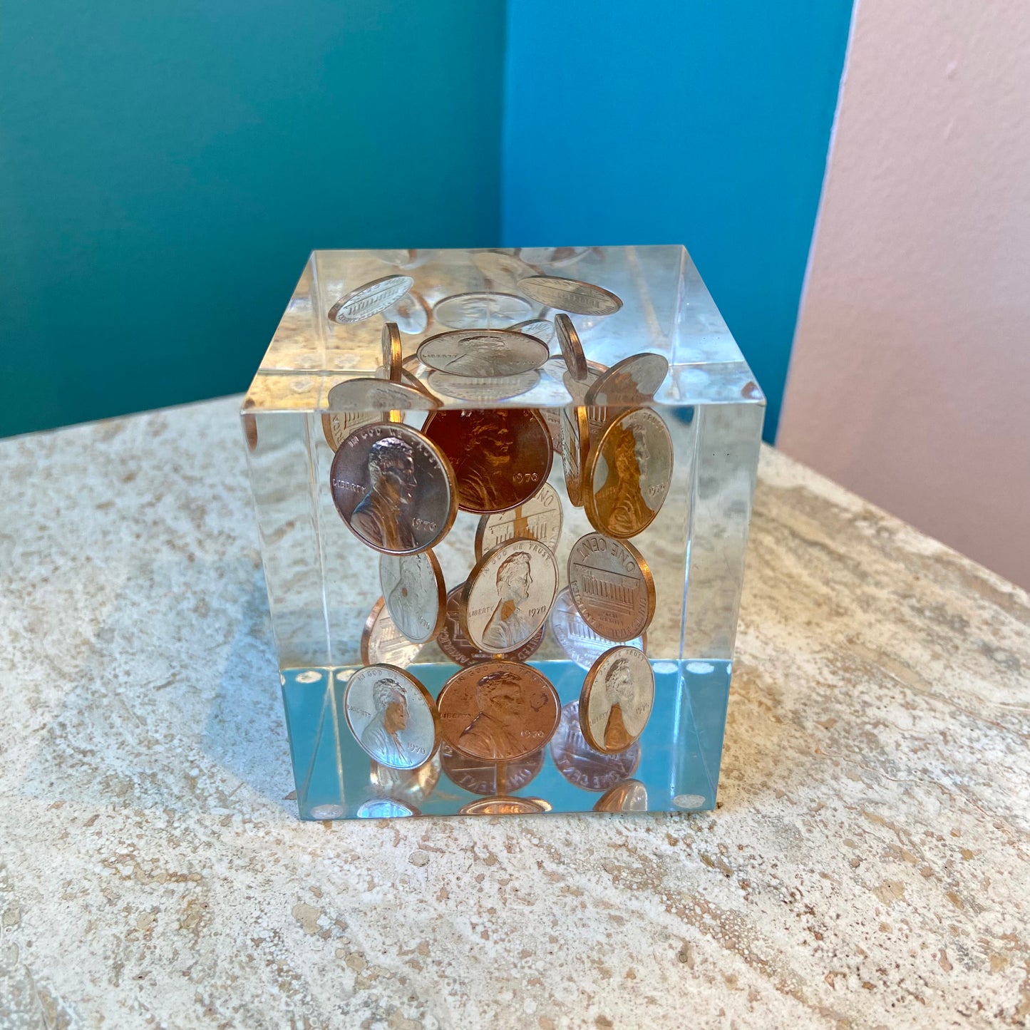 Vintage Lucite 1970 Penny Paperweight