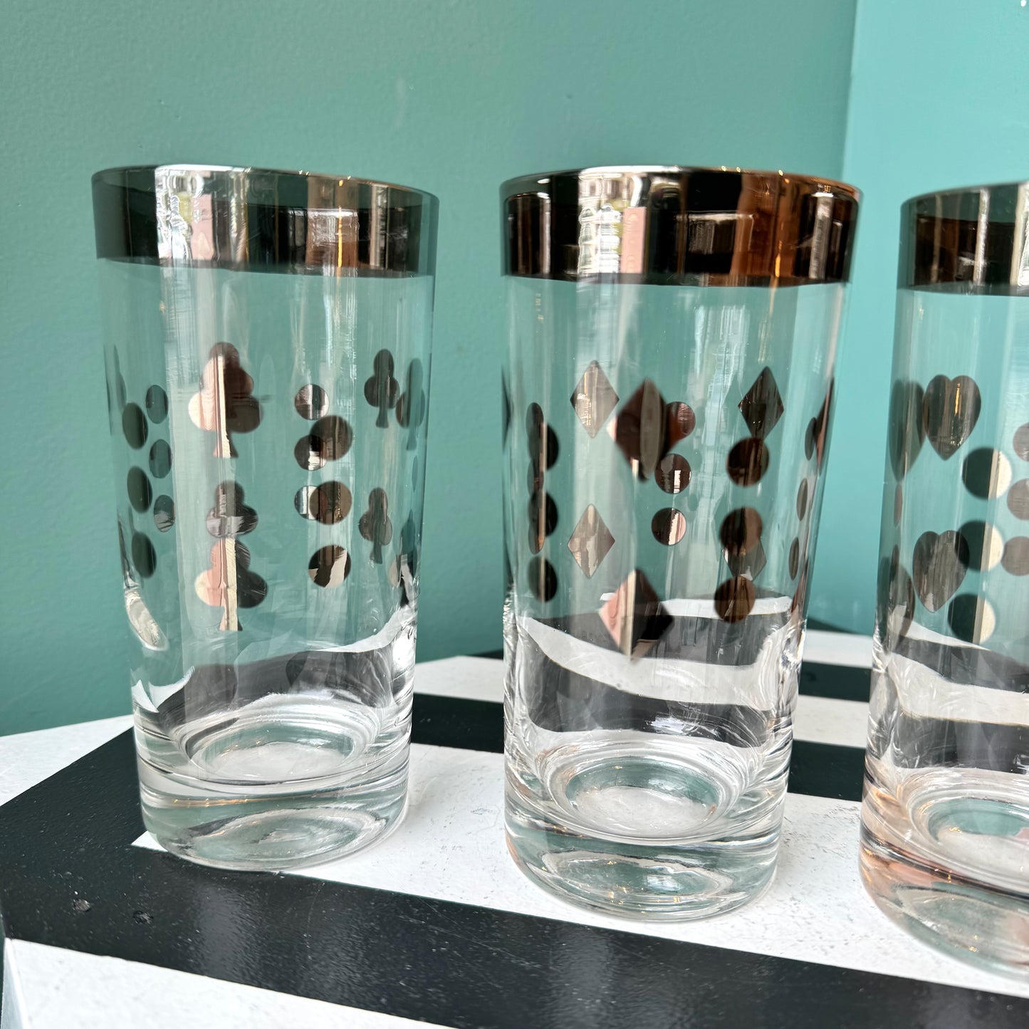 Set of 4 Vintage Metallic Playing Card Design Highball Glasses