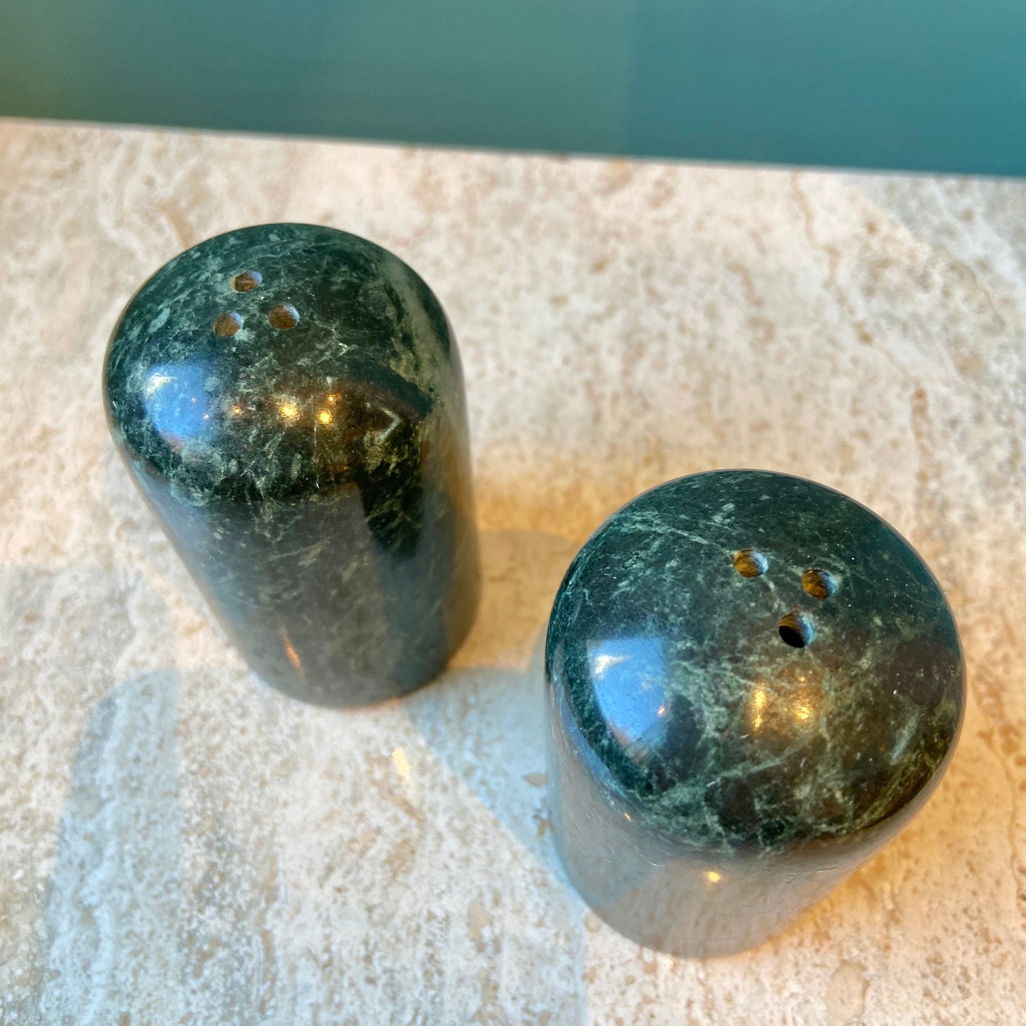 Pair of Green Marble Salt and Pepper Shakers