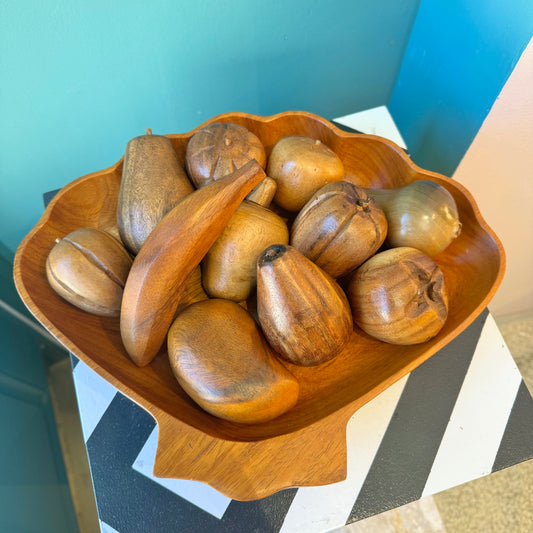 Mid Century Carved Monkey Pod Wooden Fruit and Bowl
