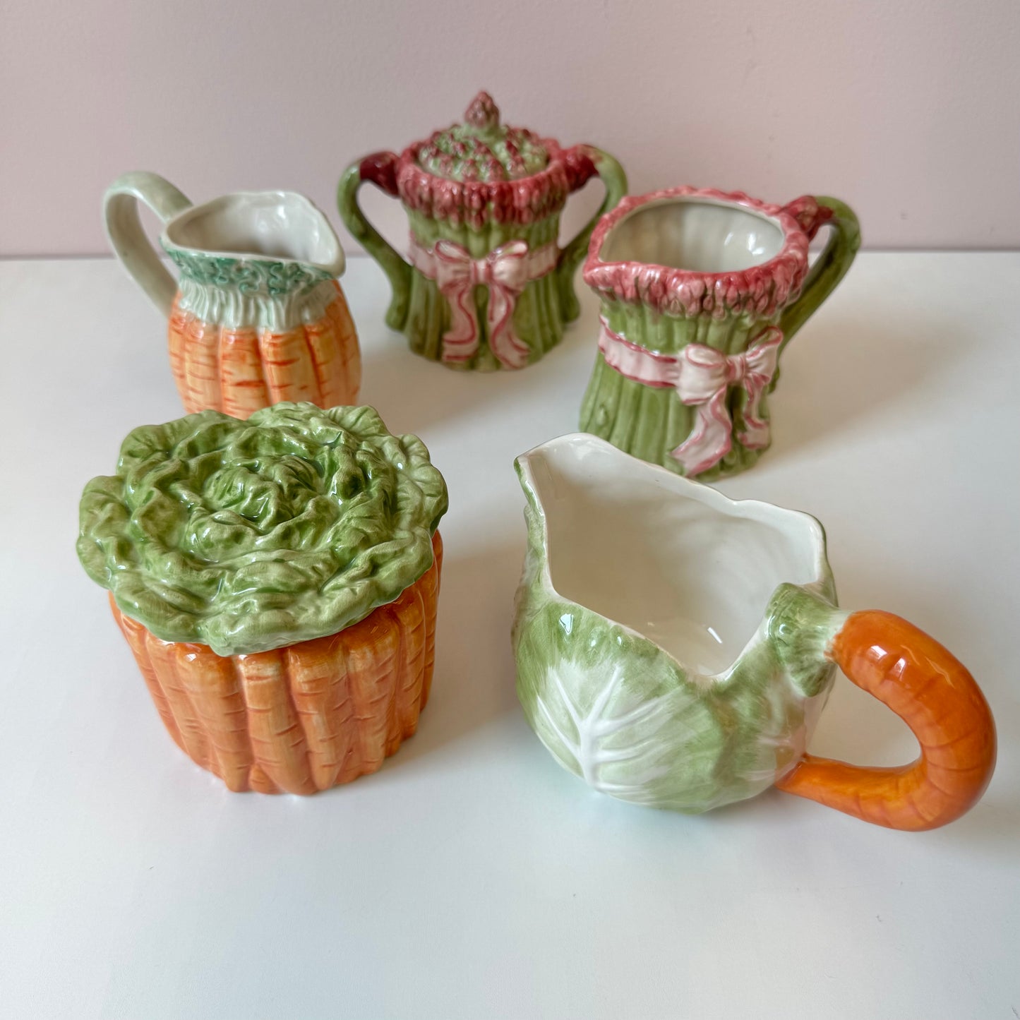 Vintage Set of 5 Ceramic Vegetable Sugar Bowls and Milk Jugs by Fitz & Floyd
