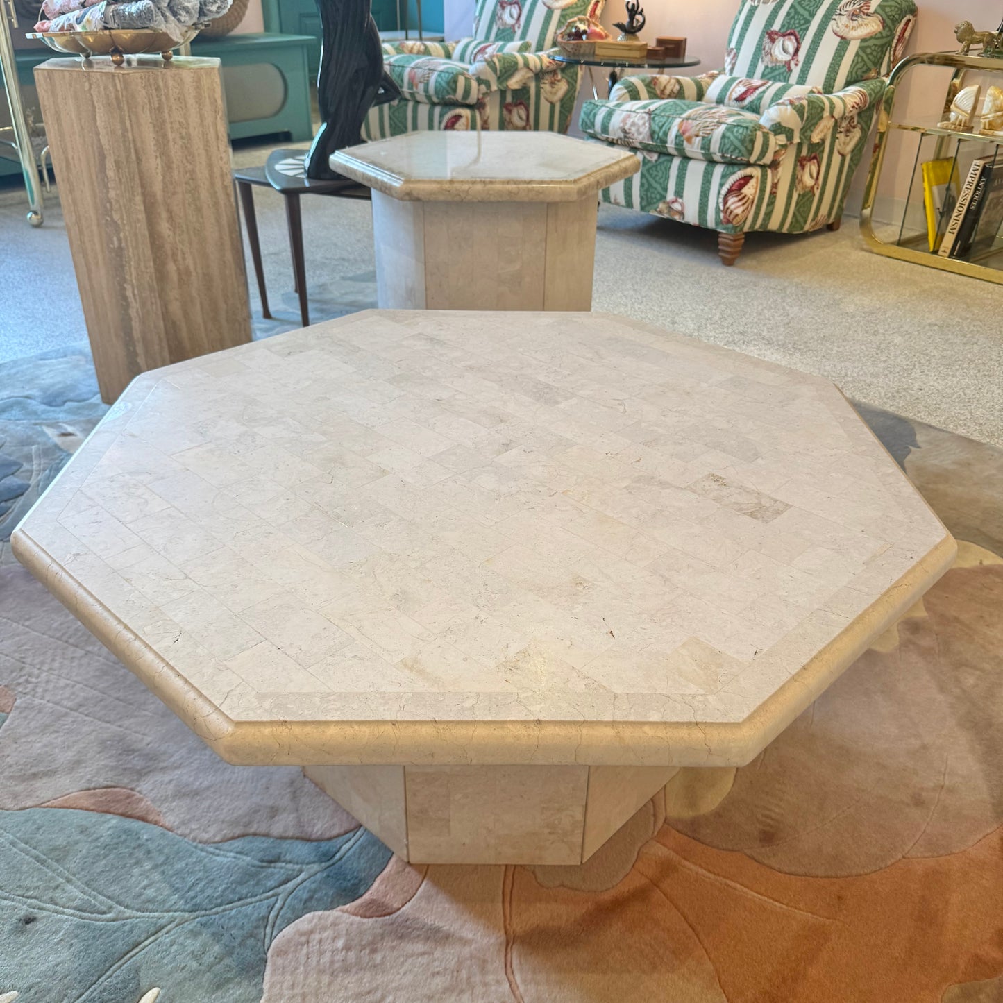 Vintage Octagonal Tessellated White Marble Coffee Table
