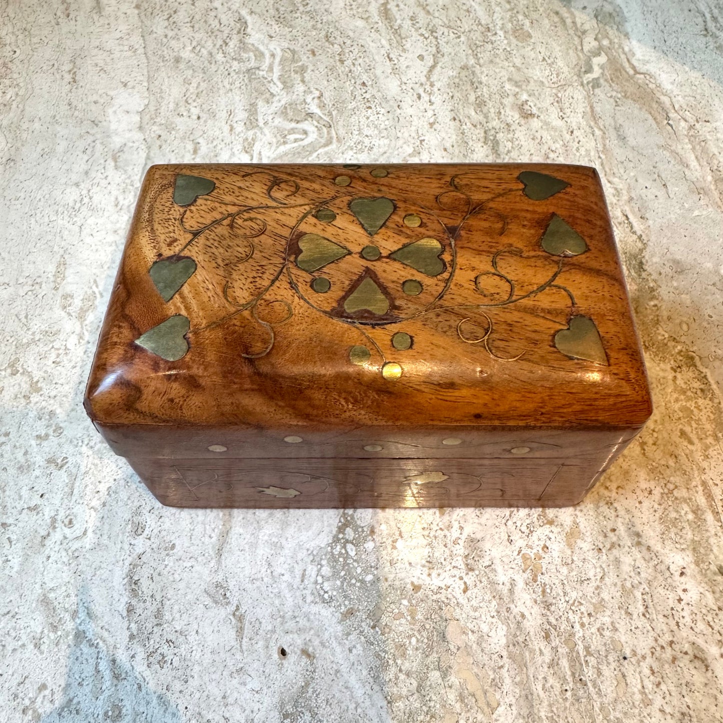 Vintage Wooden Playing Card Box with Brass Heart Inlay and Cards