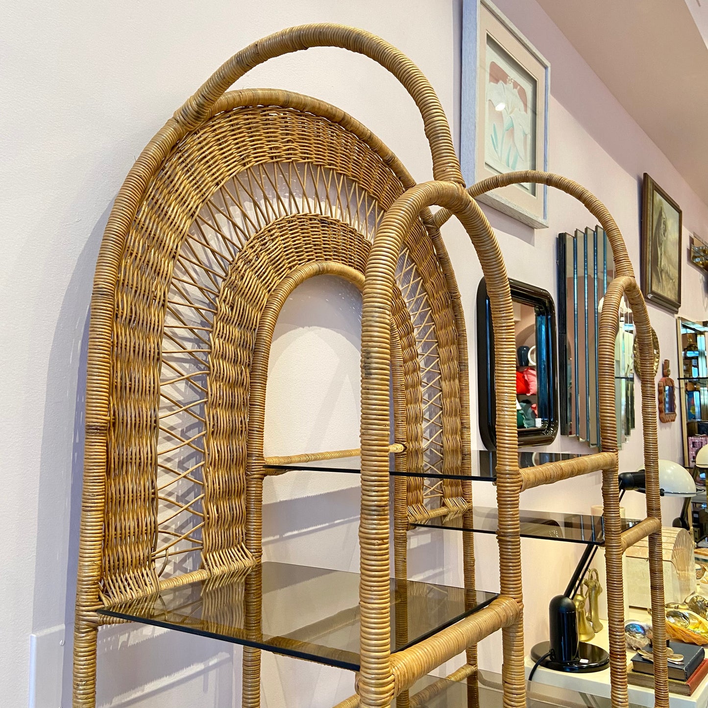 Vintage Wicker Rattan Etagere with Smoked Glass