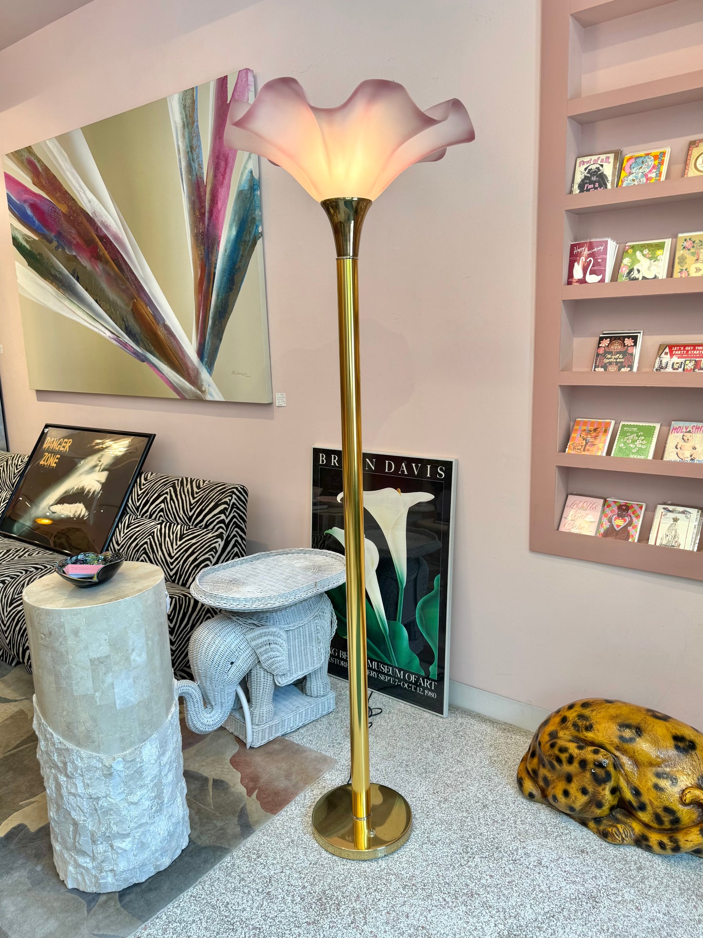 Vintage Pink Acrylic and Brass Flower Floor Lamp