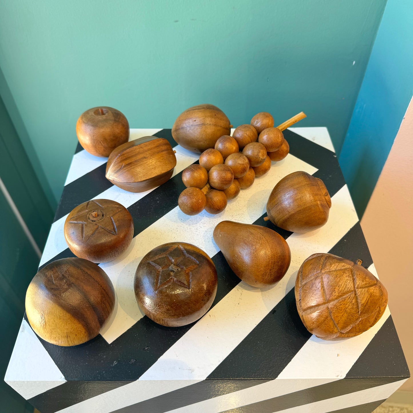 Mid Century Carved Monkey Pod Wooden Fruit and Bowl